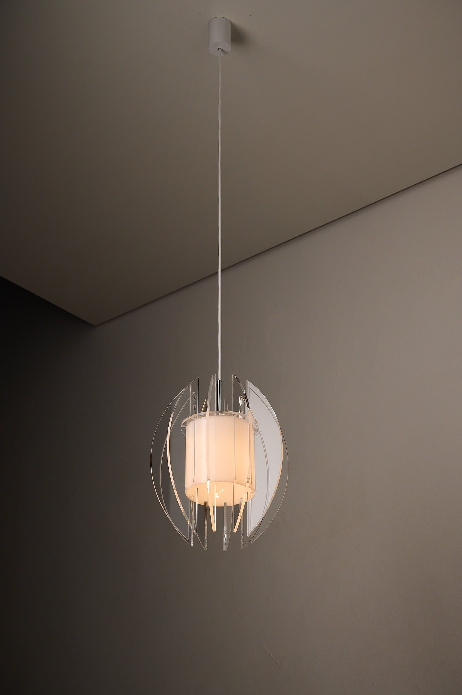 Space Age Acrylic and Perspex Pendant Lamp, 1970s showcasing a cylindrical diffuser with clear Perspex fins and chrome finish.