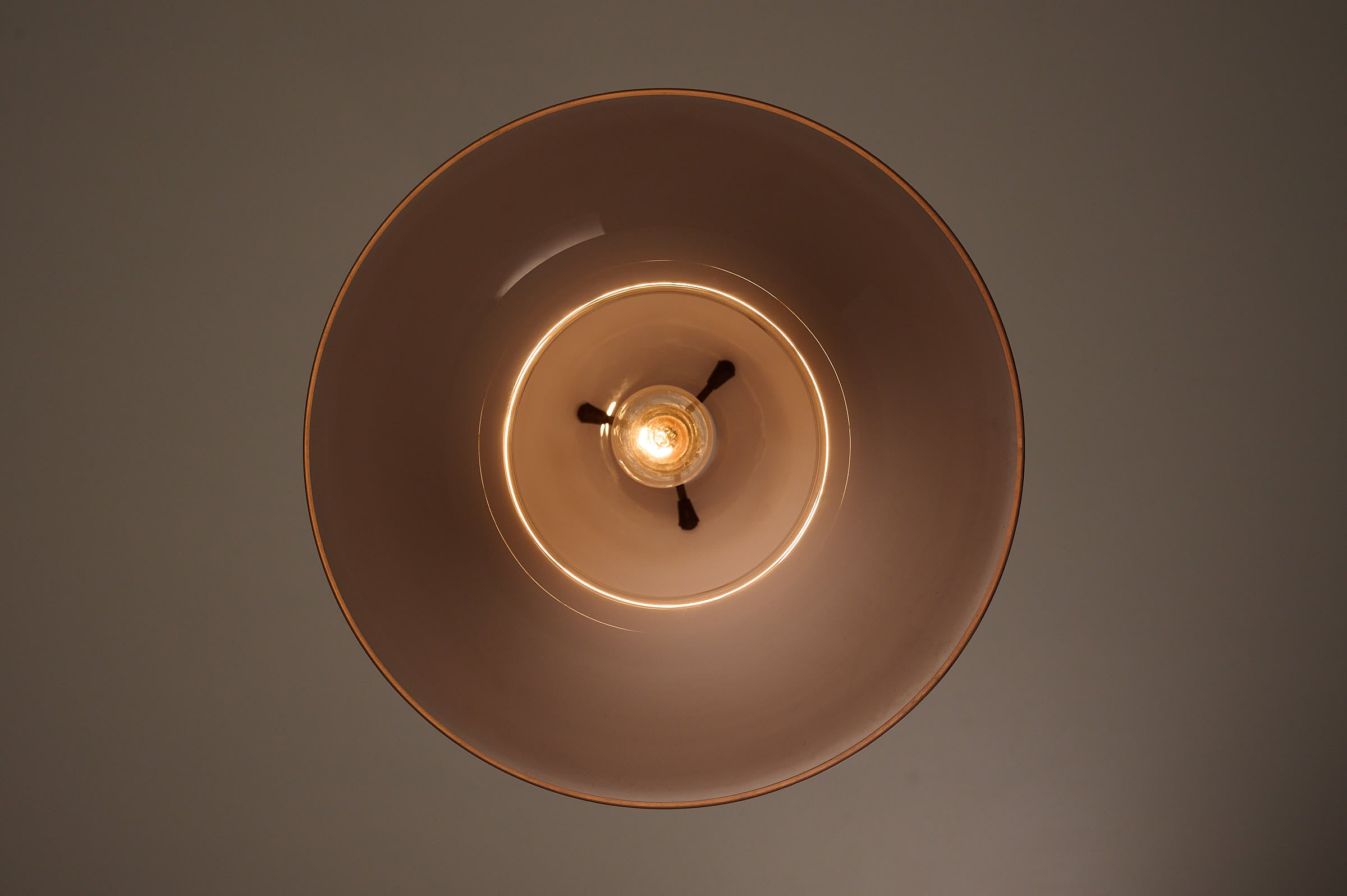 Bell-Shaped Glass Pendant in Dusty Rose, 1970s view from below showcasing the light fixture's elegant design.