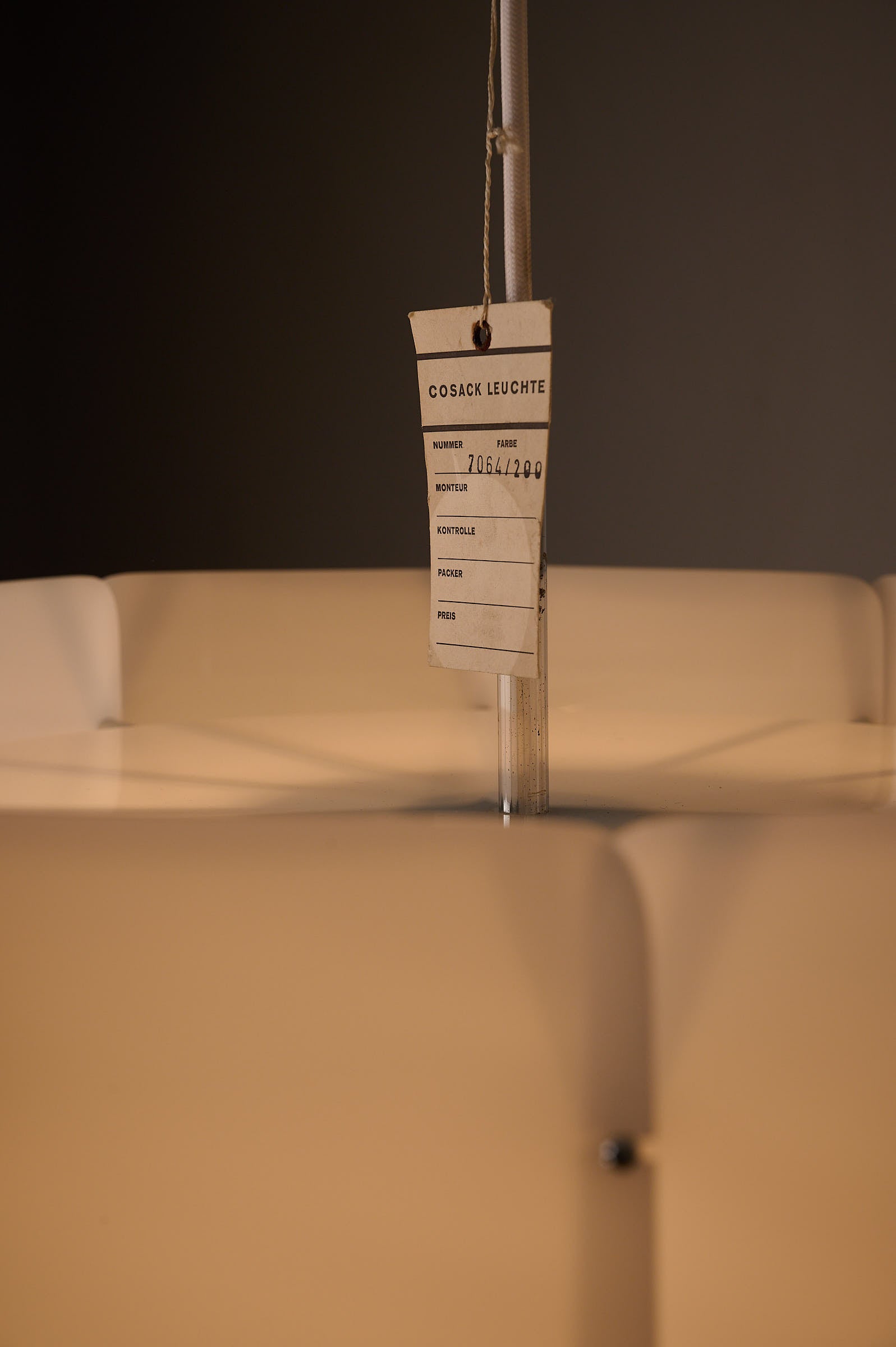 Acrylic Panel Drum Pendant, Germany, 1970s, close-up of Cosack Leuchte label on pendant lamp.