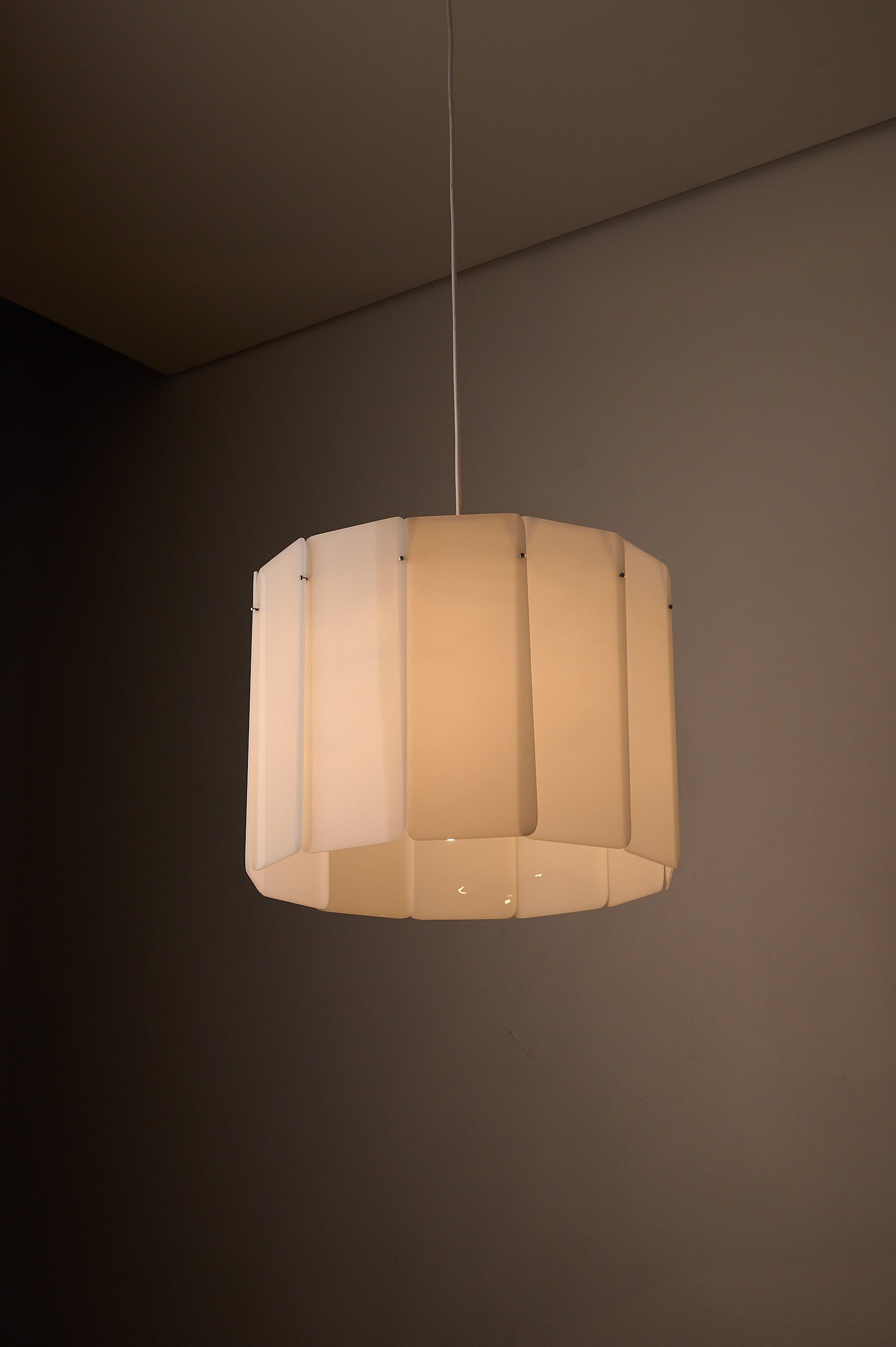 Acrylic Panel Drum Pendant, Germany, 1970s: Large drum-shaped pendant lamp with translucent white acrylic panels.