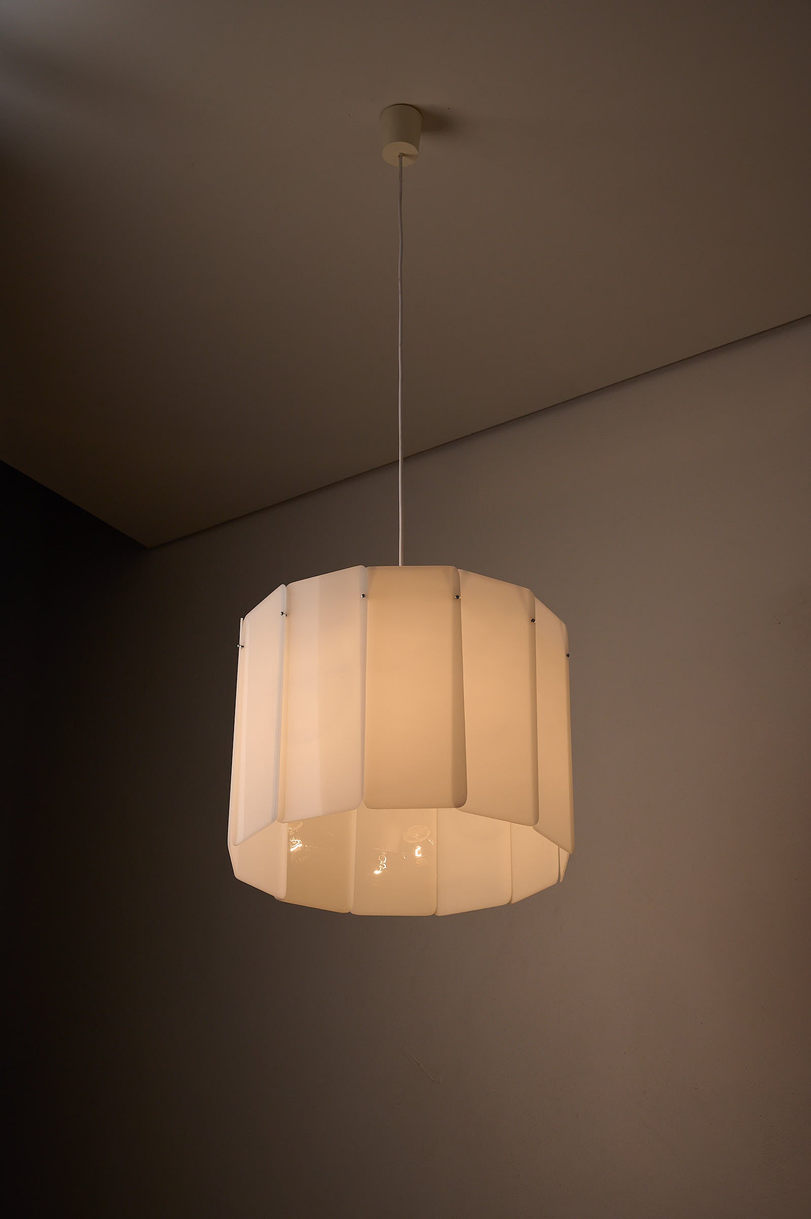 Acrylic Panel Drum Pendant, Germany, 1970s, large drum-shaped pendant lamp with translucent white acrylic panels.