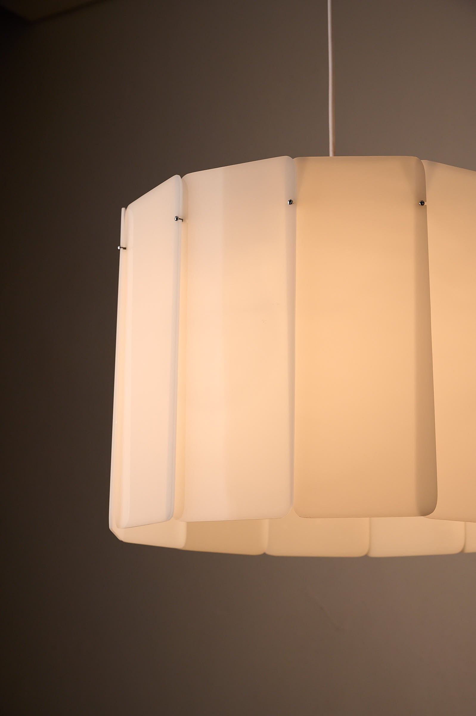 Acrylic Panel Drum Pendant, Germany, 1970s, large drum-shaped pendant lamp with translucent acrylic panels.