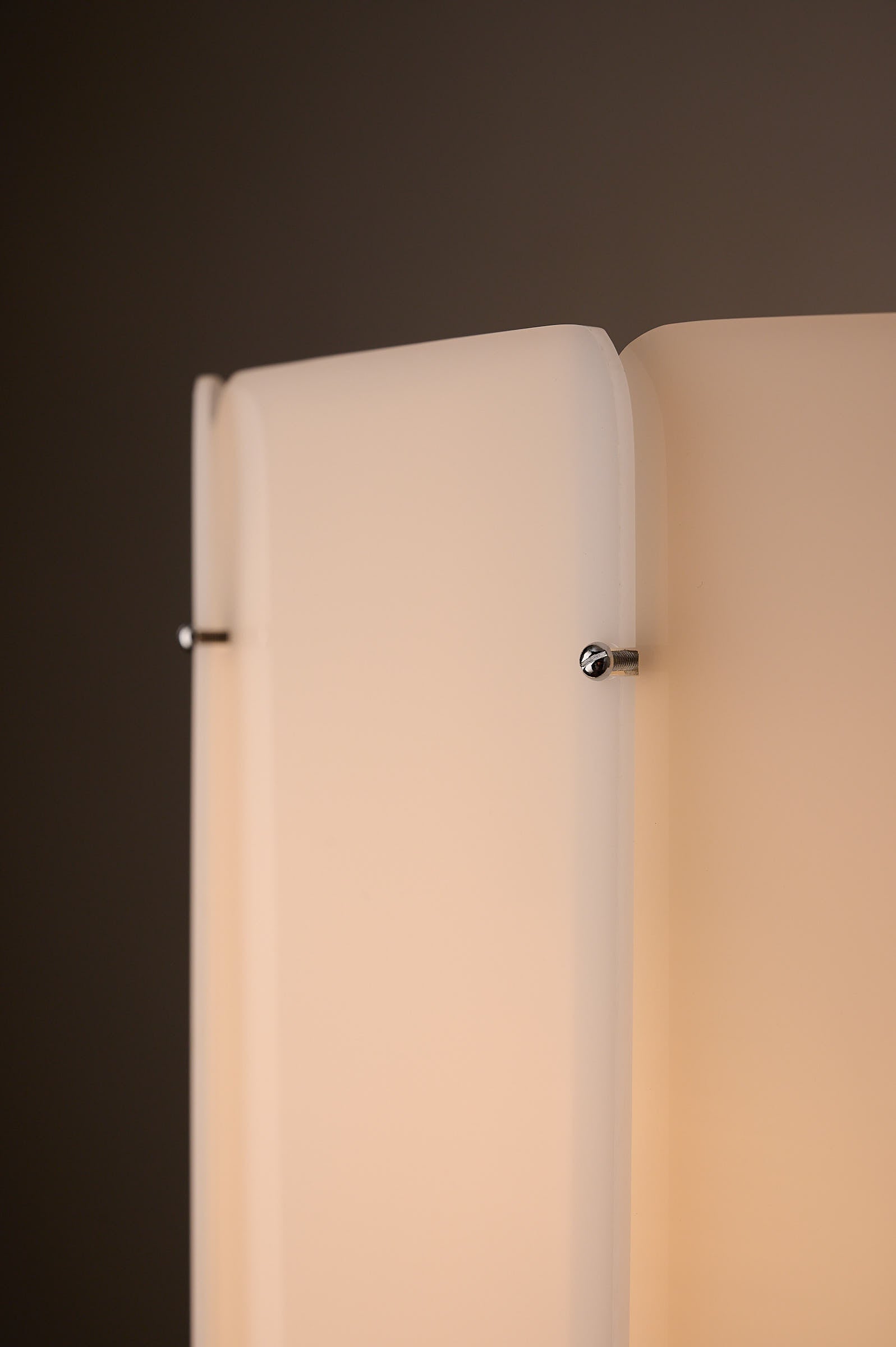 Close-up of Acrylic Panel Drum Pendant, Germany, 1970s with translucent white panels and chrome-headed screws.