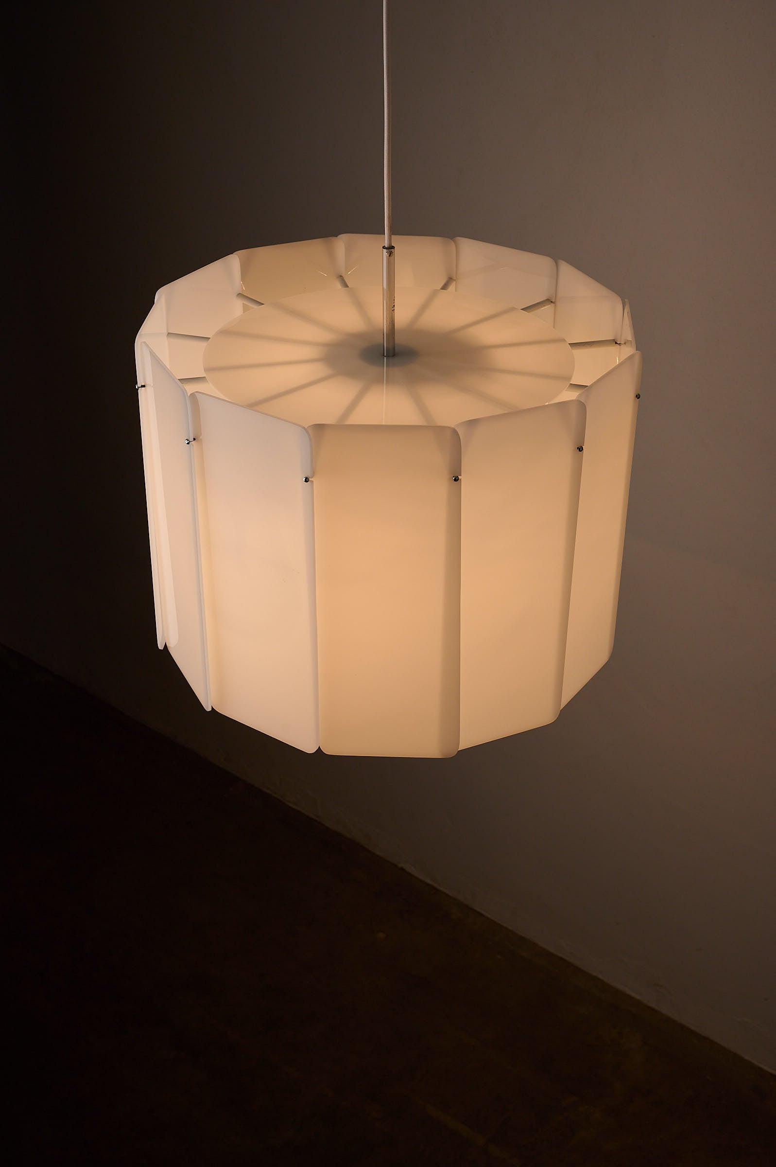 Acrylic Panel Drum Pendant, Germany, 1970s hanging lamp with translucent panels and chrome accents.