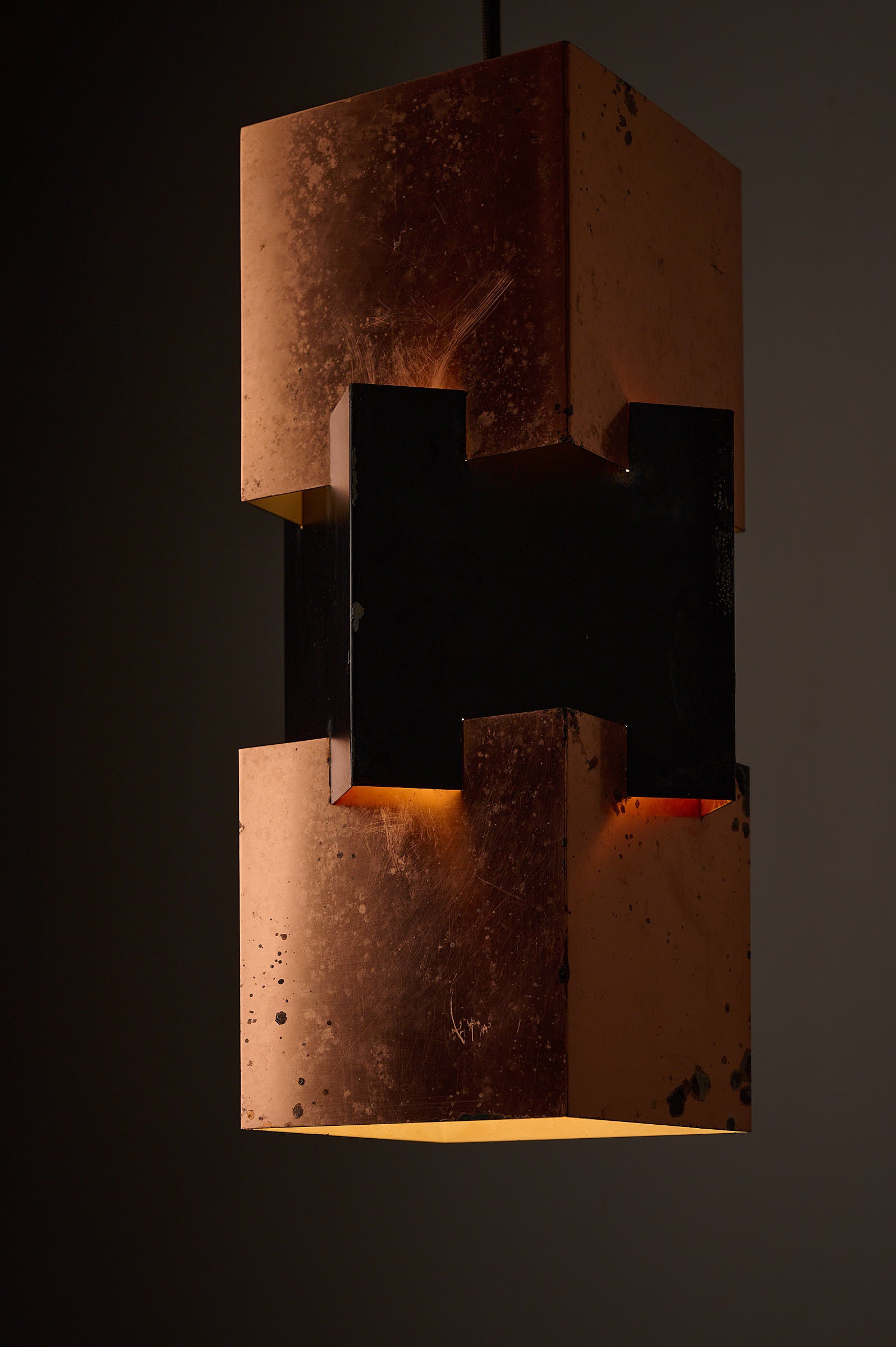 Patinated Jo Hammerborg for Fog & Mørup Kubus Pendant, Denmark, 1960s featuring copper and black lacquered metal design.