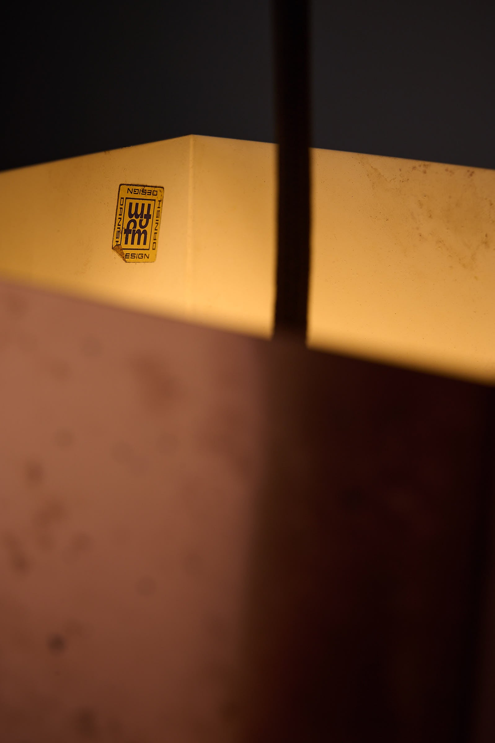 Patinated Jo Hammerborg for Fog & Mørup Kubus Pendant, Denmark, 1960s close-up showing signature and warm glow.