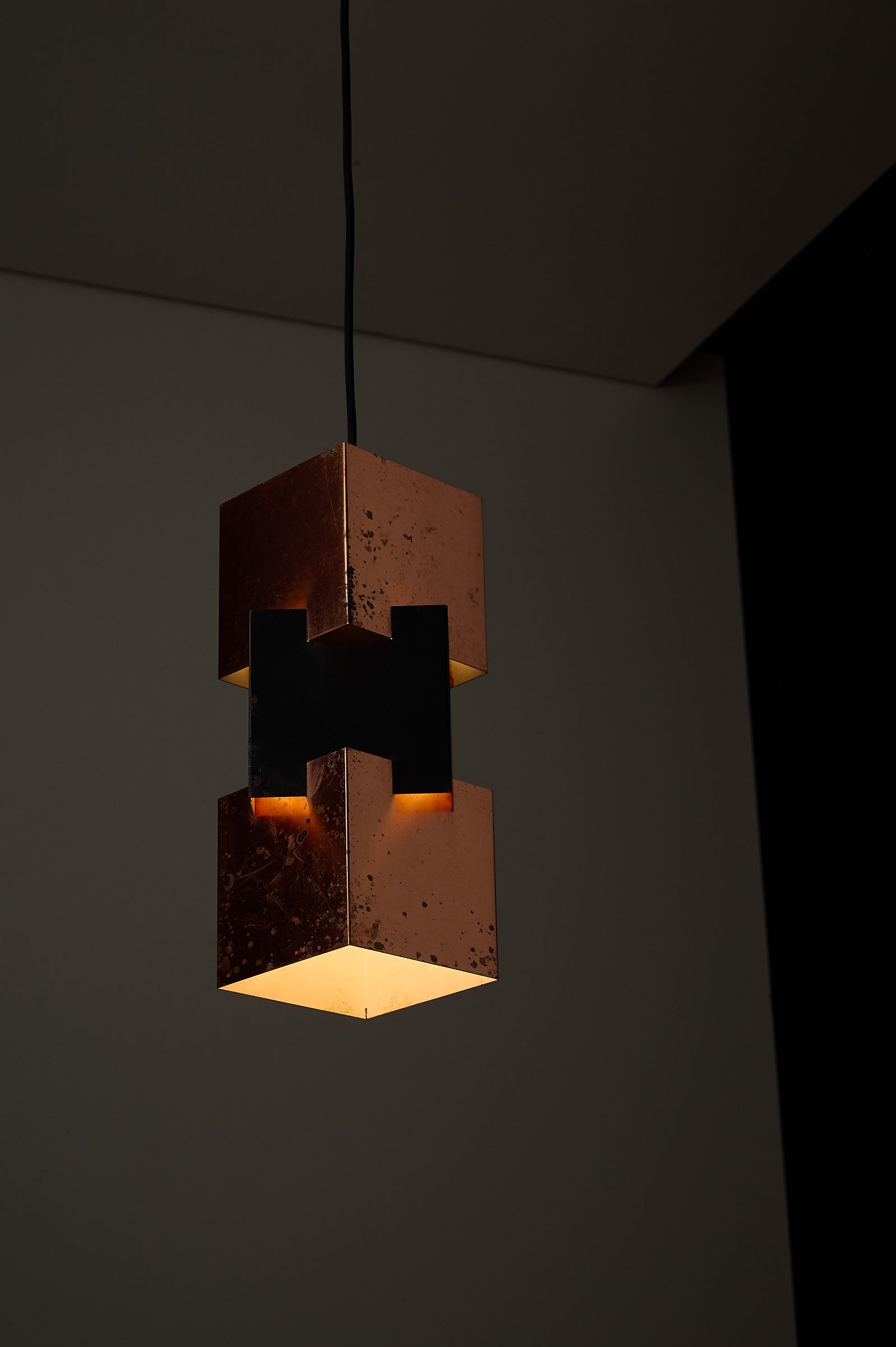 Patinated Jo Hammerborg for Fog & Mørup Kubus Pendant, Denmark, 1960s with copper and black lacquered metal design.
