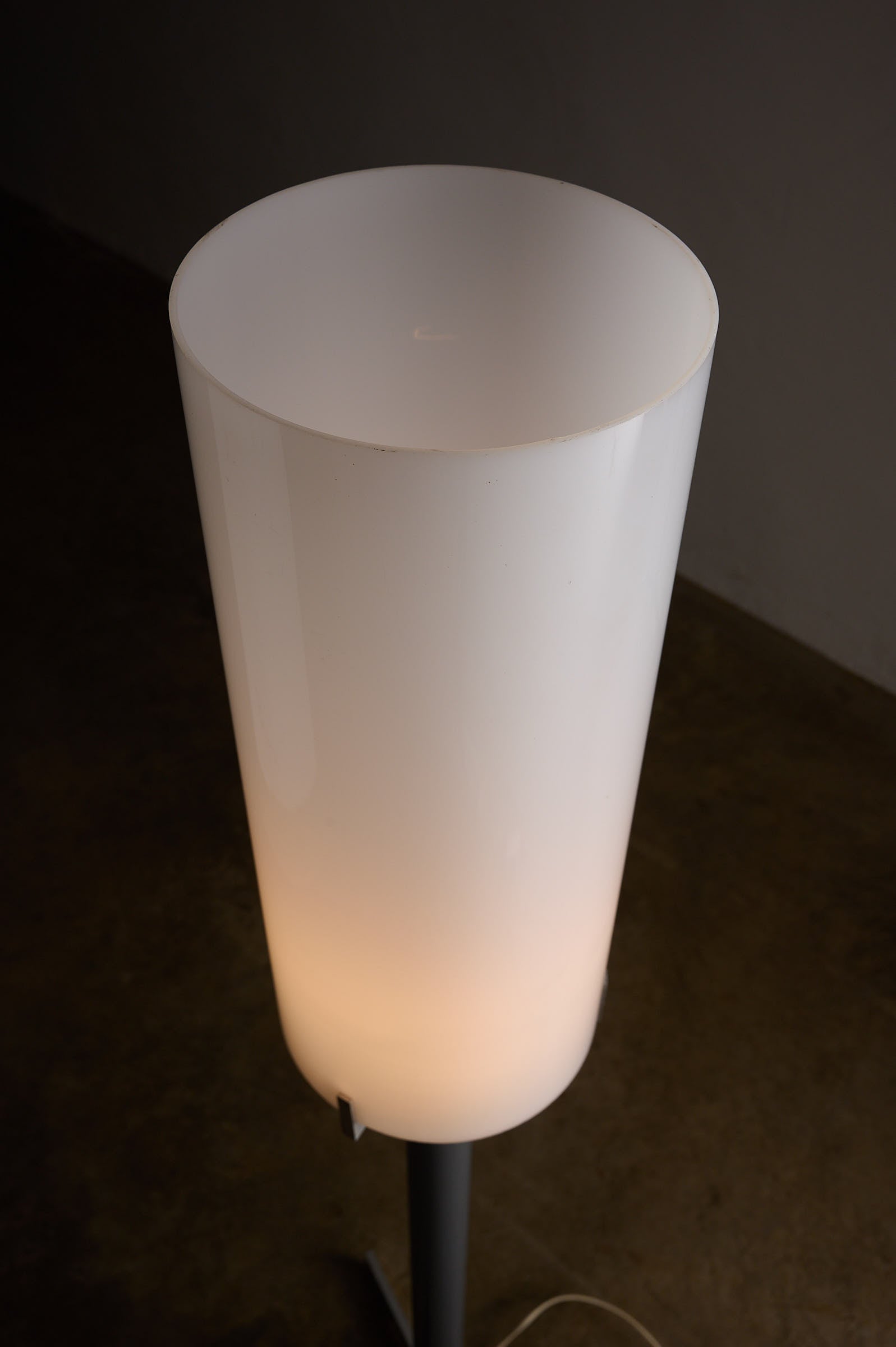 Industrial Minimalist Floor Lamp with Cylindrical Diffuser, Europe, 1970s featuring a white translucent diffuser.