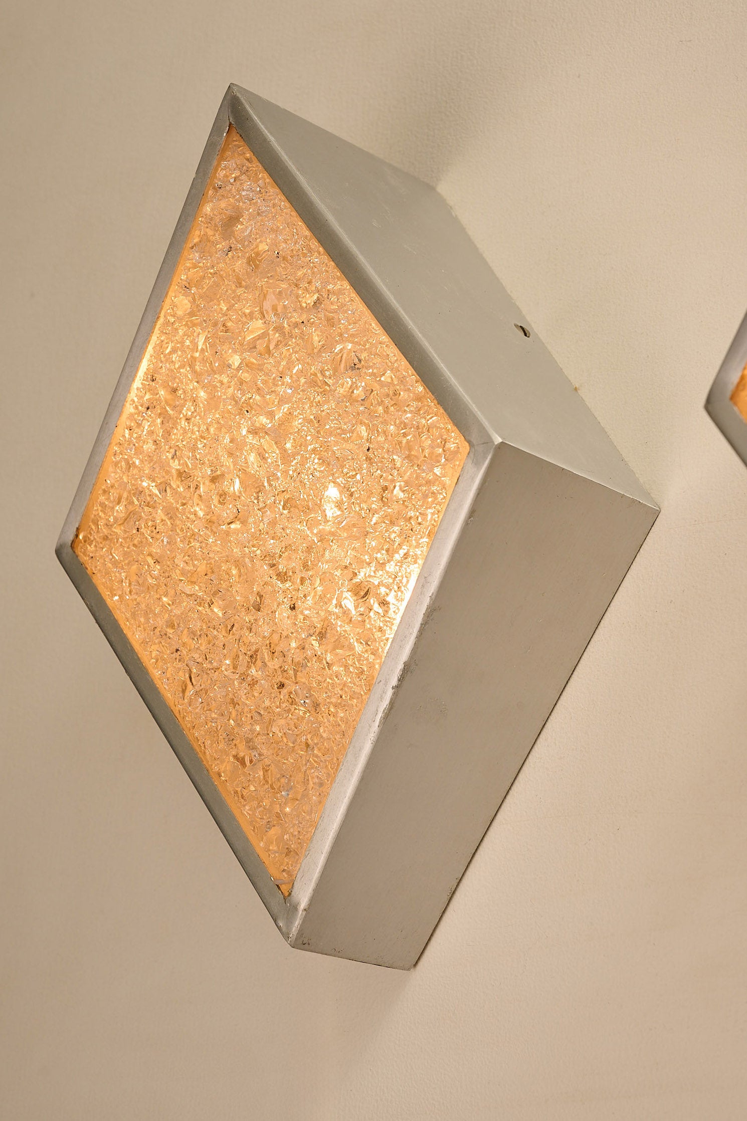 Diamond Wall Lights in Structured Glass and Aluminium, Germany, 1970s with ice-glass textured panel and brushed aluminium.
