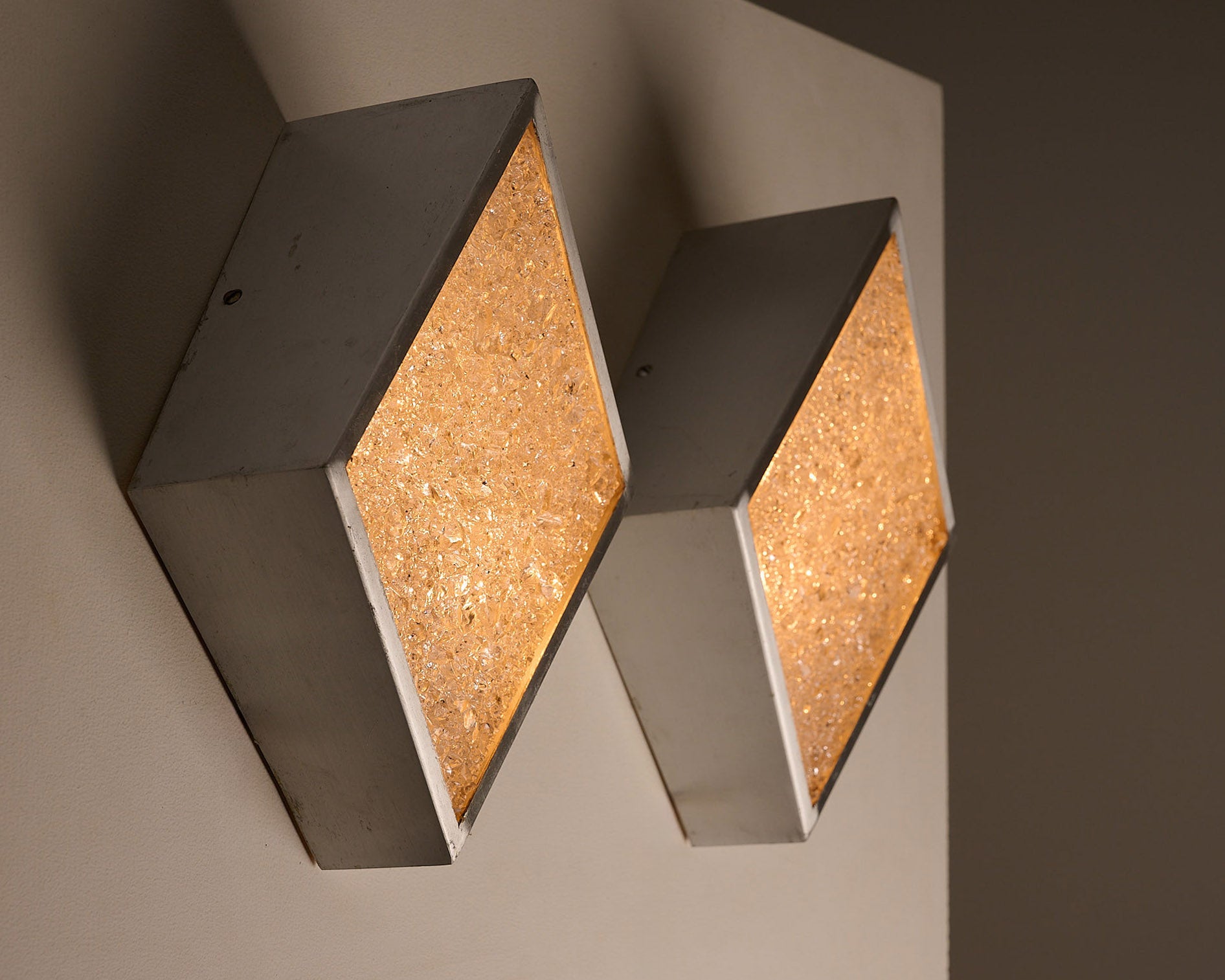 Diamond Wall Lights in Structured Glass and Aluminium, Germany, 1970s, featuring a sharp diamond profile and ice glass texture.