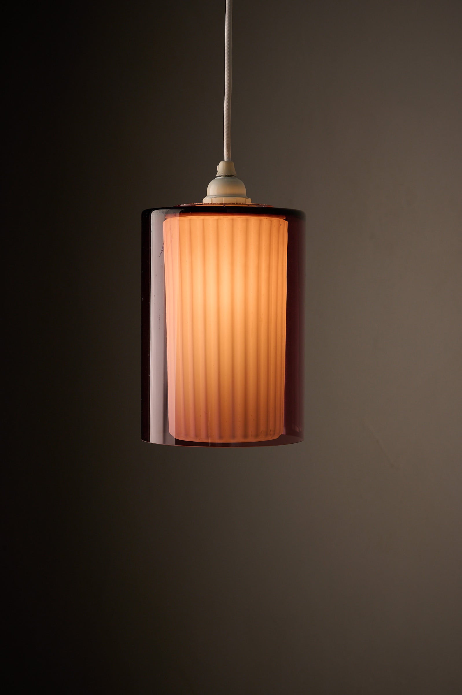 Double Glass Pendant in Lilac and Opaline, Europe, 1960s/1970s hanging lamp with dual-layer glass design.