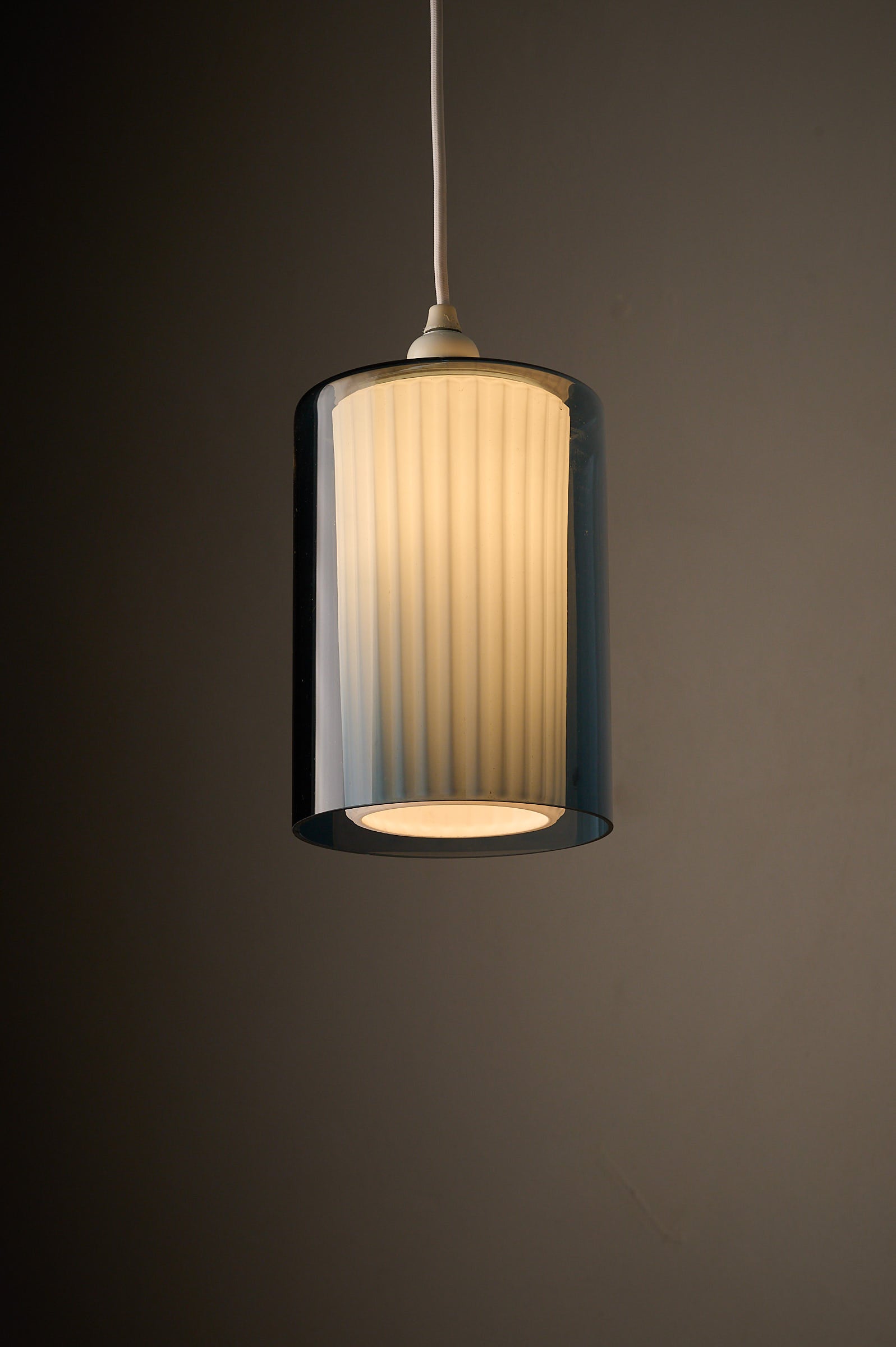 Double Glass Pendant in Blue and Opaline, Europe, 1960s/1970s - Dual-layer glass lamp with a fluted opaline diffuser.