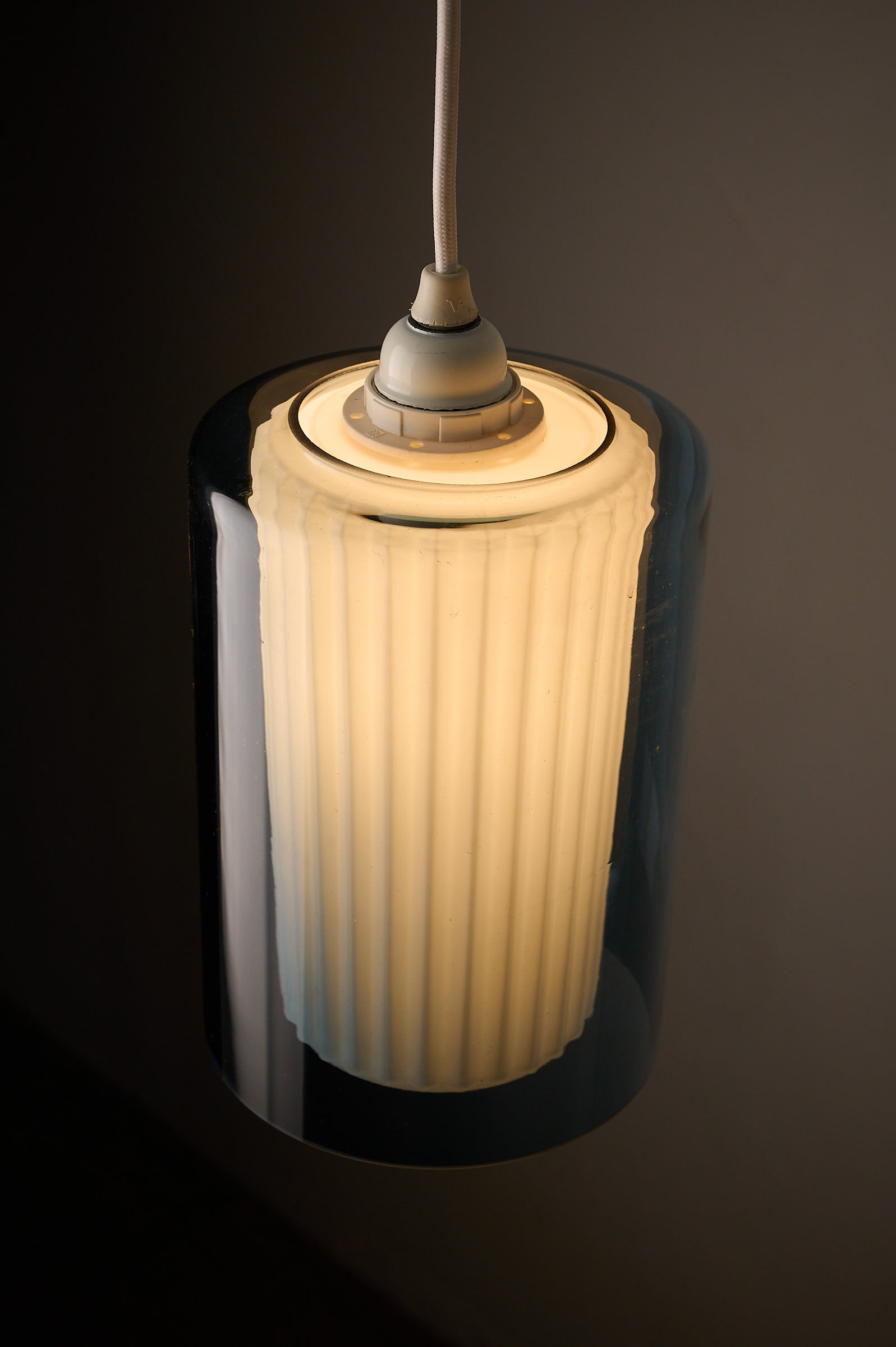 Double Glass Pendant in Blue and Opaline, Europe, 1960s/1970s hanging lamp with fluted opaline diffuser.