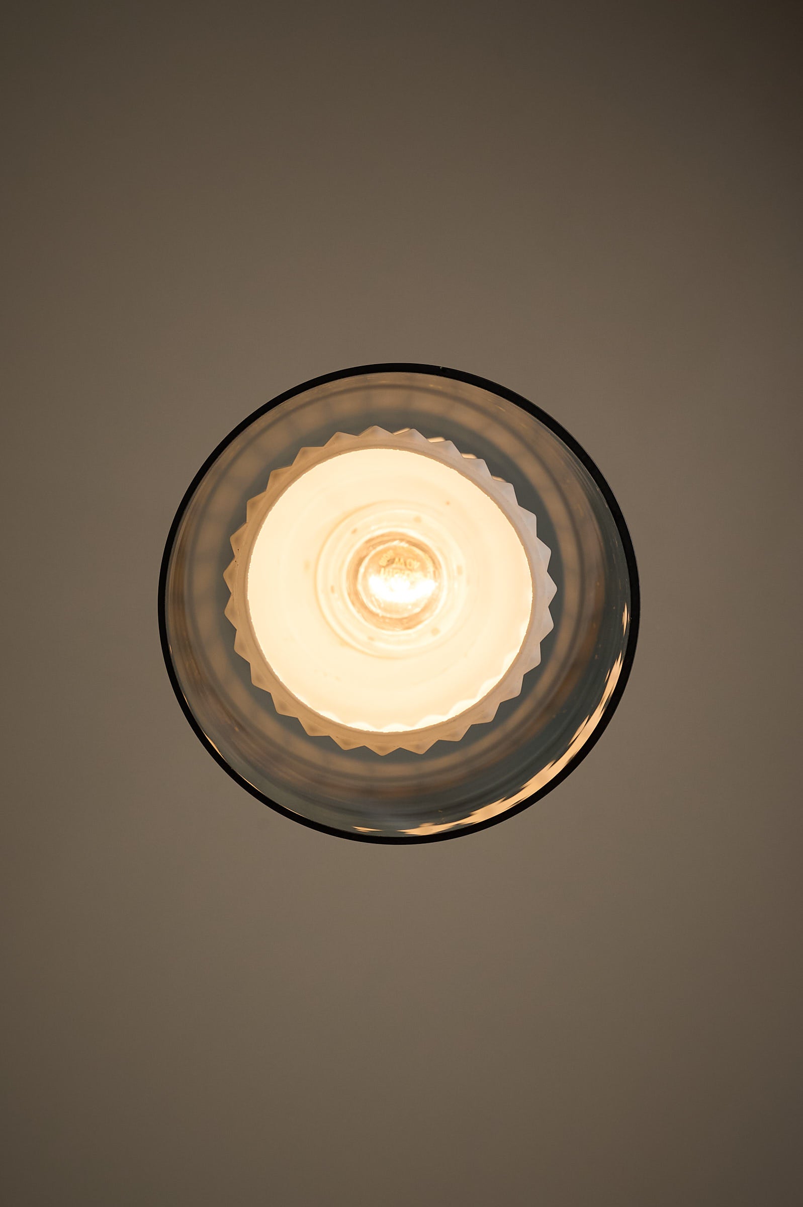 Double Glass Pendant in Blue and Opaline, Europe, 1960s/1970s view from below highlighting fluted design.