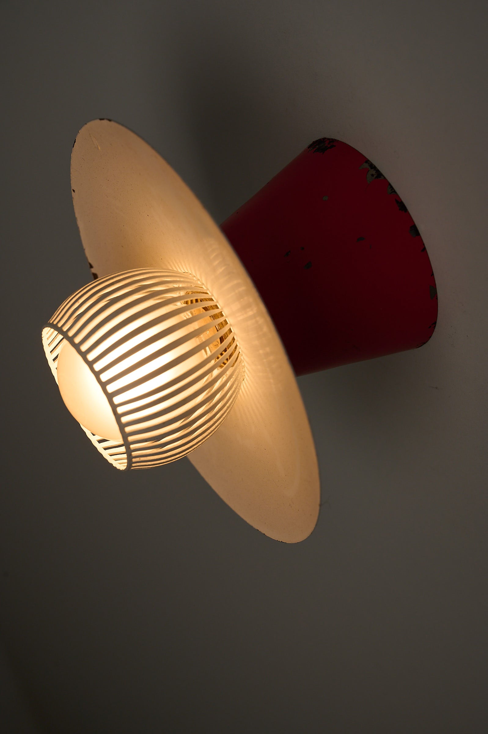 Mid-Century Flush Mount Ceiling Lamp with White Slatted Diffuser showcasing red truncated cone canopy and slatted metal diffuser.