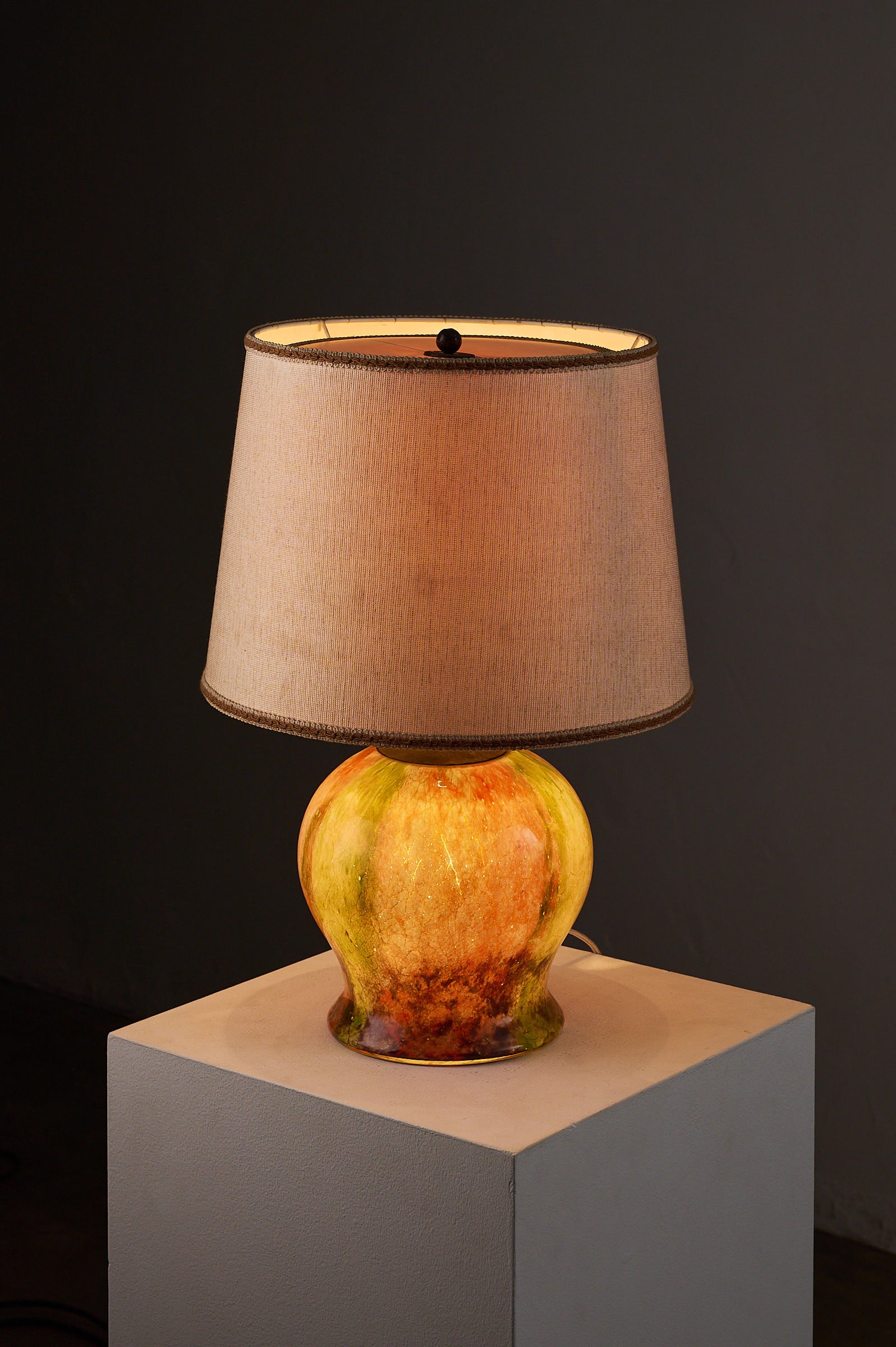 1970s Mid-Century Modern Multicolored Art Glass Table Lamp with a baluster-shaped base and shade.
