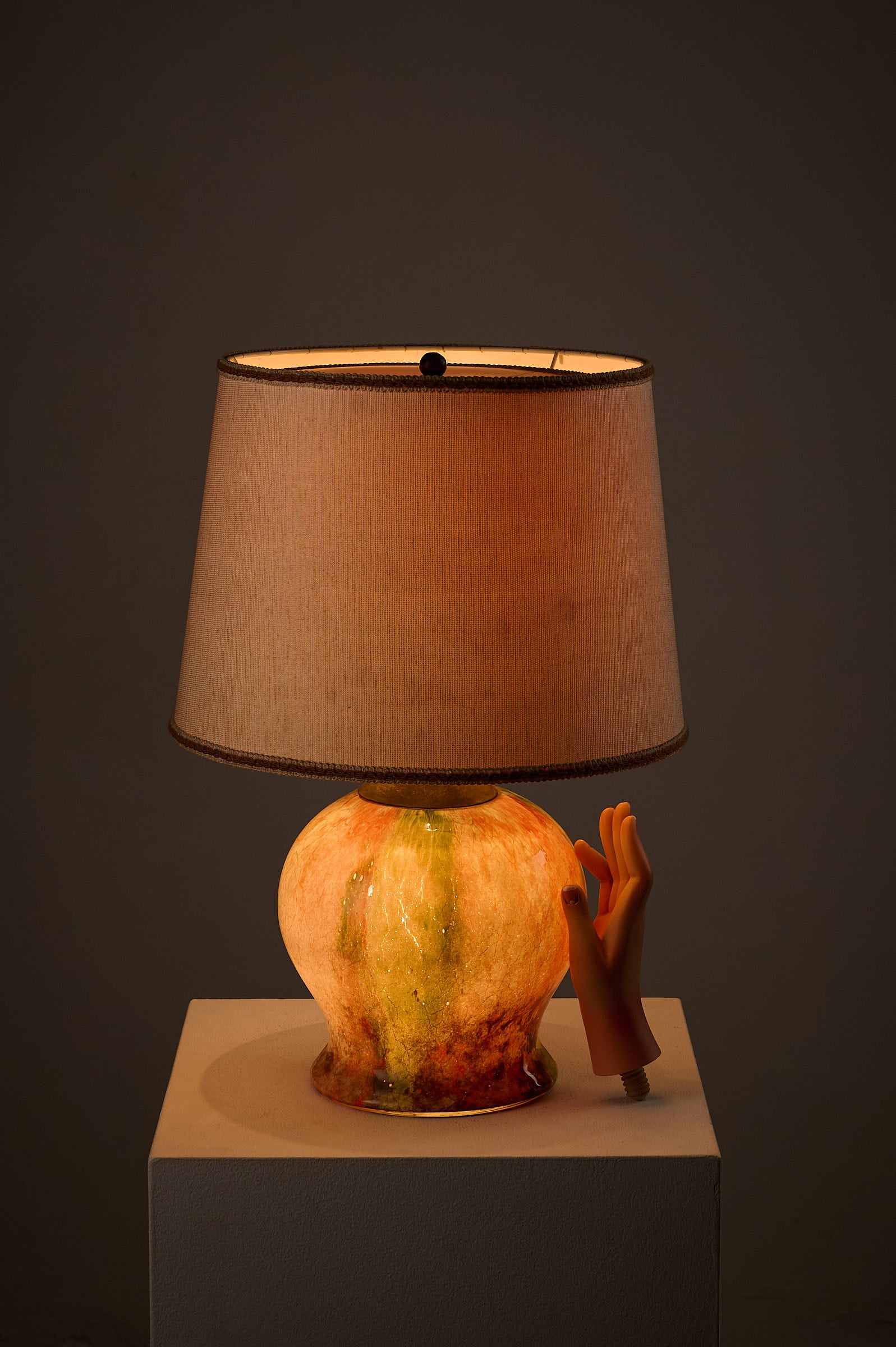 1970s Mid-Century Modern Multicolored Art Glass Table Lamp featuring a marbled glass base and a brown shade.
