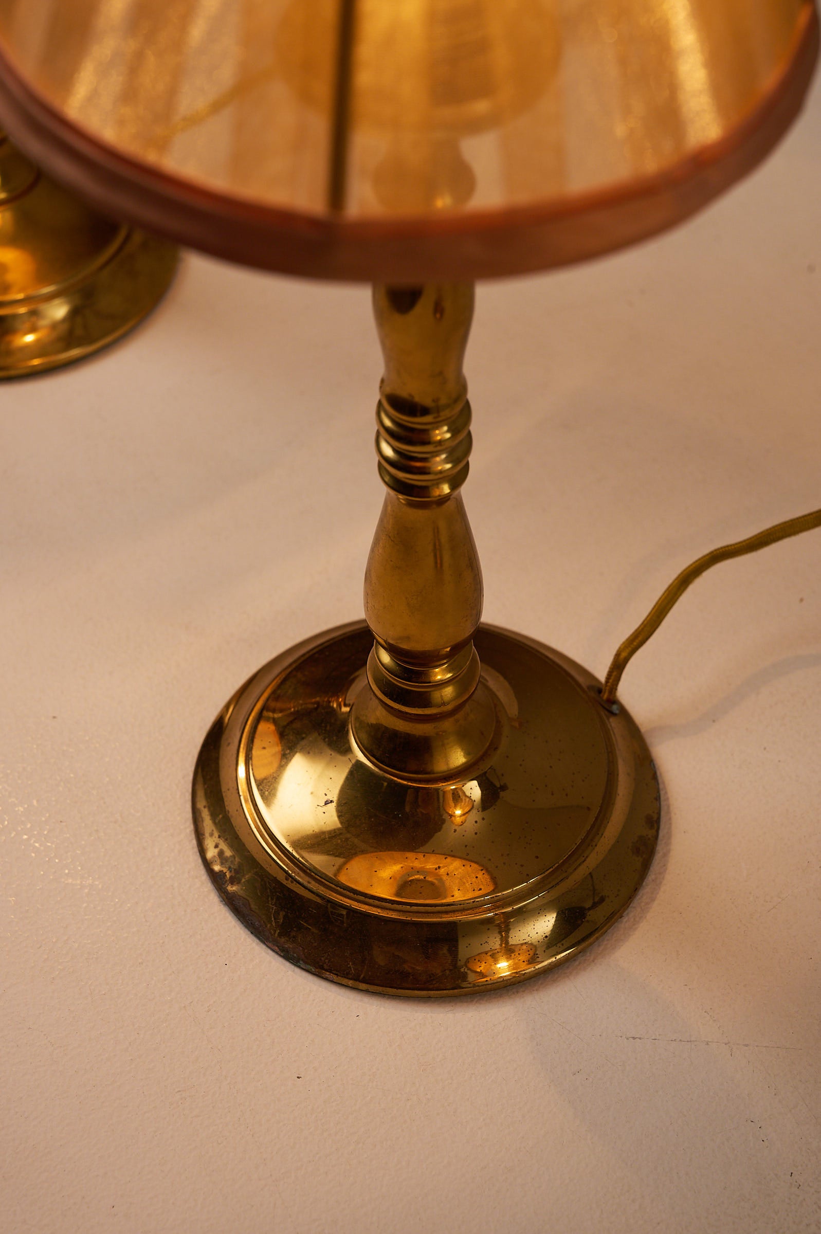 Hollywood Regency Brass Table Lamps, Europe, 1970s close-up of baluster stem and trumpet base.