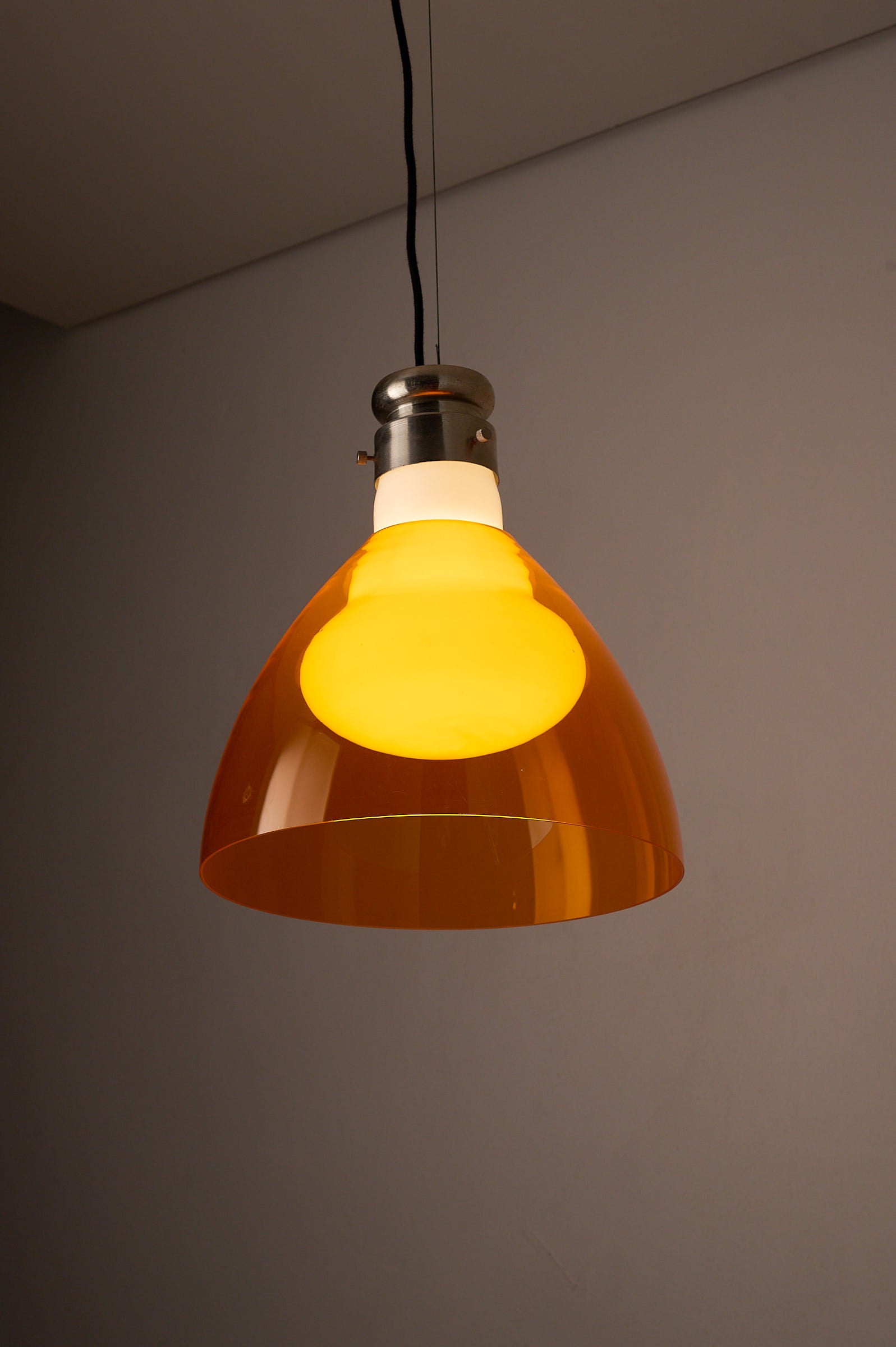 Space Age Blown Glass Pendant Lamp by Vistosi, Italy, 1970s with amber glass shade and white opaline core