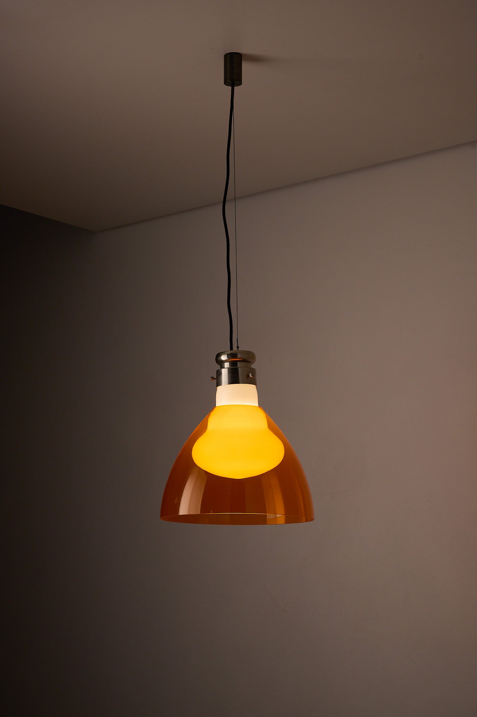 Space Age Blown Glass Pendant Lamp by Vistosi, Italy, 1970s with orange glass shade and aluminum hardware.