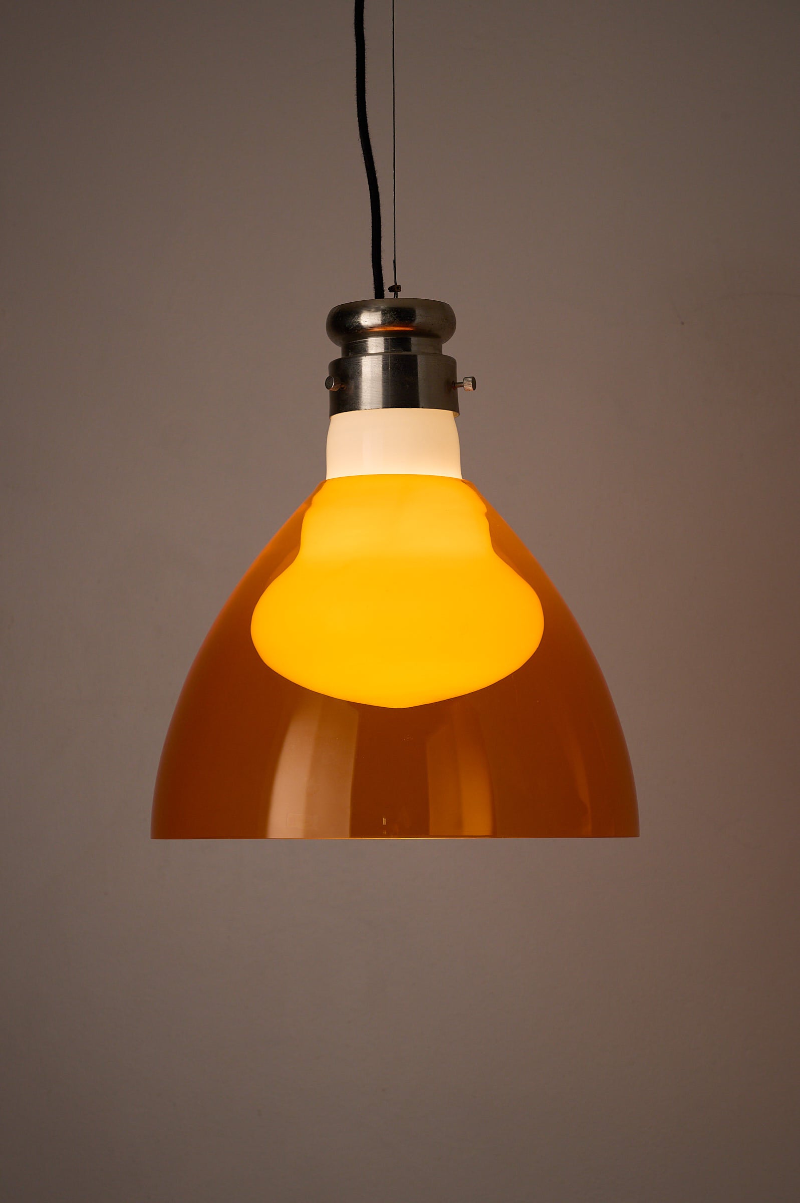 Space Age Blown Glass Pendant Lamp by Vistosi, Italy, 1970s with orange and opaline glass shade.
