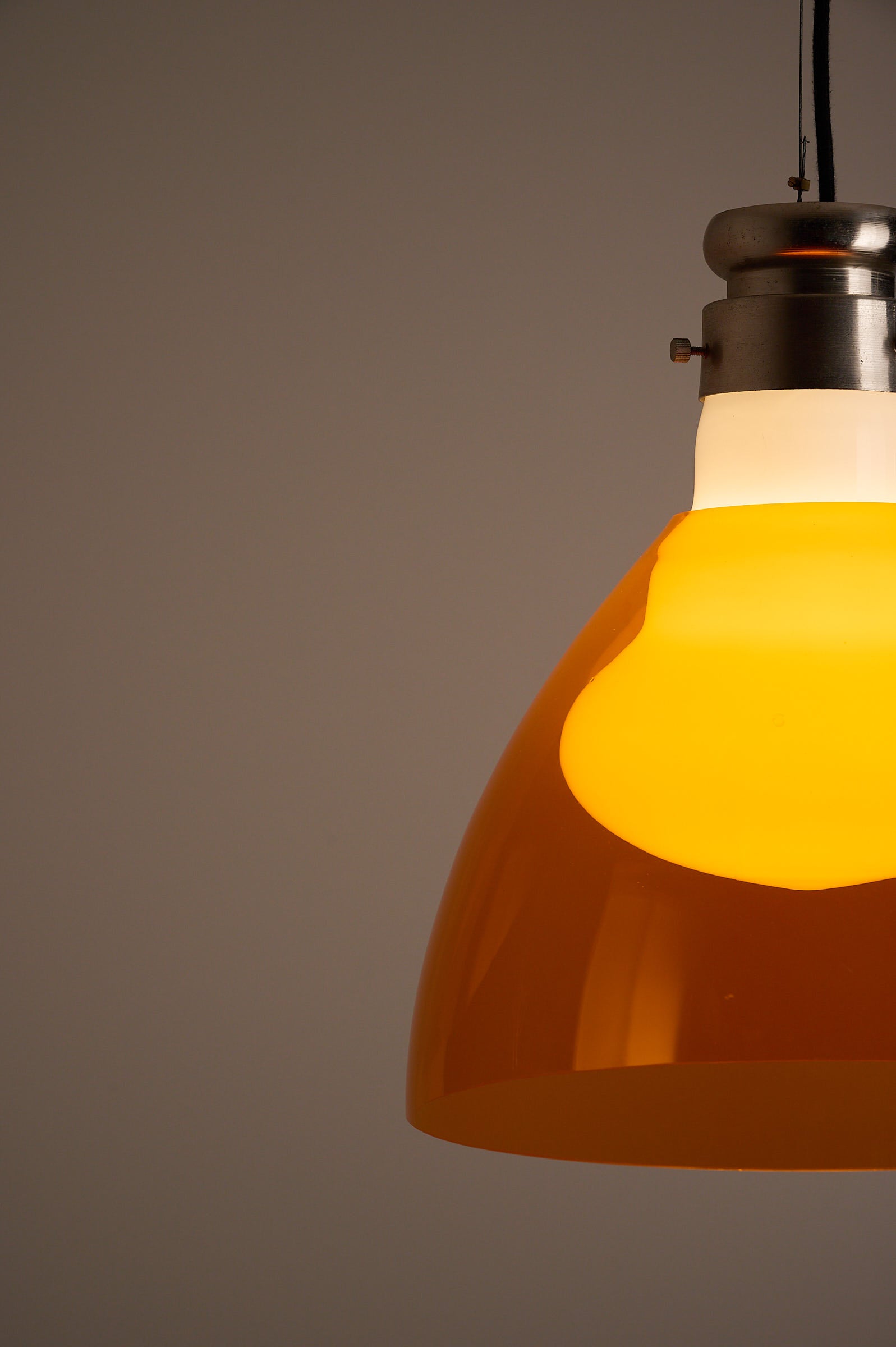 Space Age Blown Glass Pendant Lamp by Vistosi, Italy, 1970s showcasing orange glass and aluminum details.