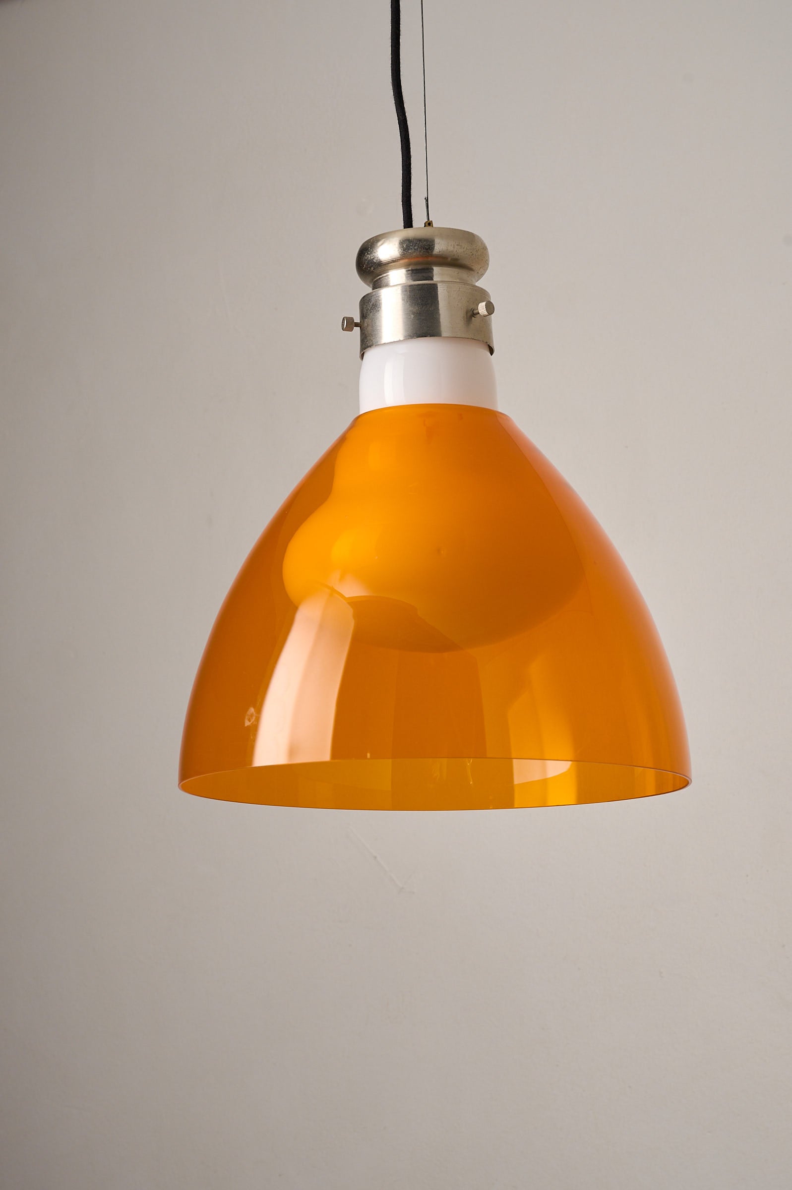 Space Age Blown Glass Pendant Lamp by Vistosi, Italy, 1970s in translucent orange glass with brushed aluminum details.
