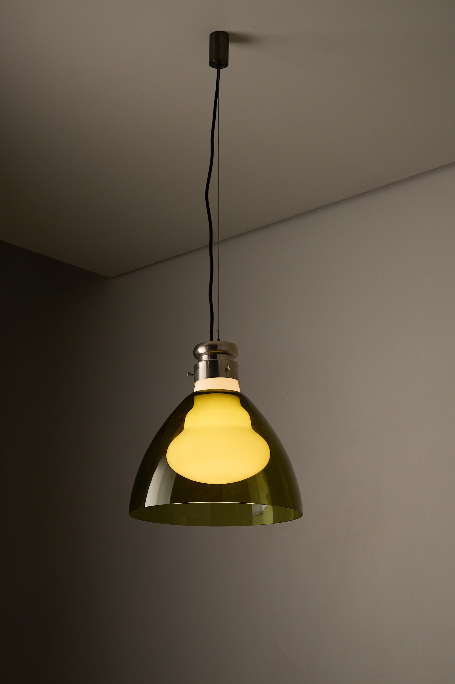 Space Age Blown Glass Pendant Lamp by Vistosi, Italy, 1970s with olive green shade and white core.