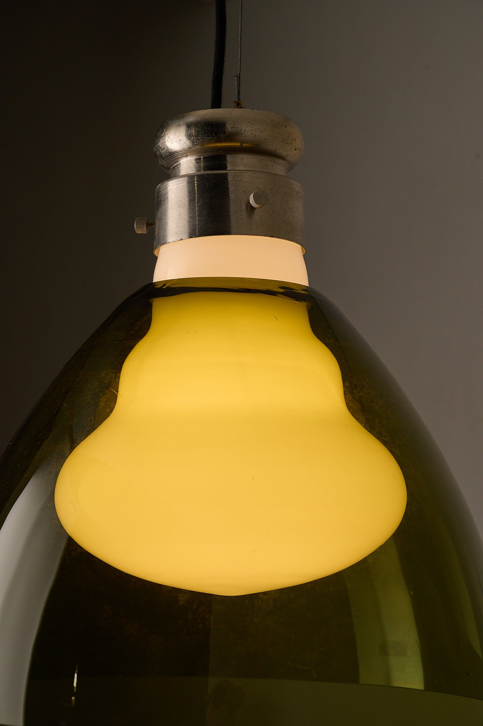 Space Age Blown Glass Pendant Lamp by Vistosi, Italy, 1970s featuring olive green glass and milk white opaline core.