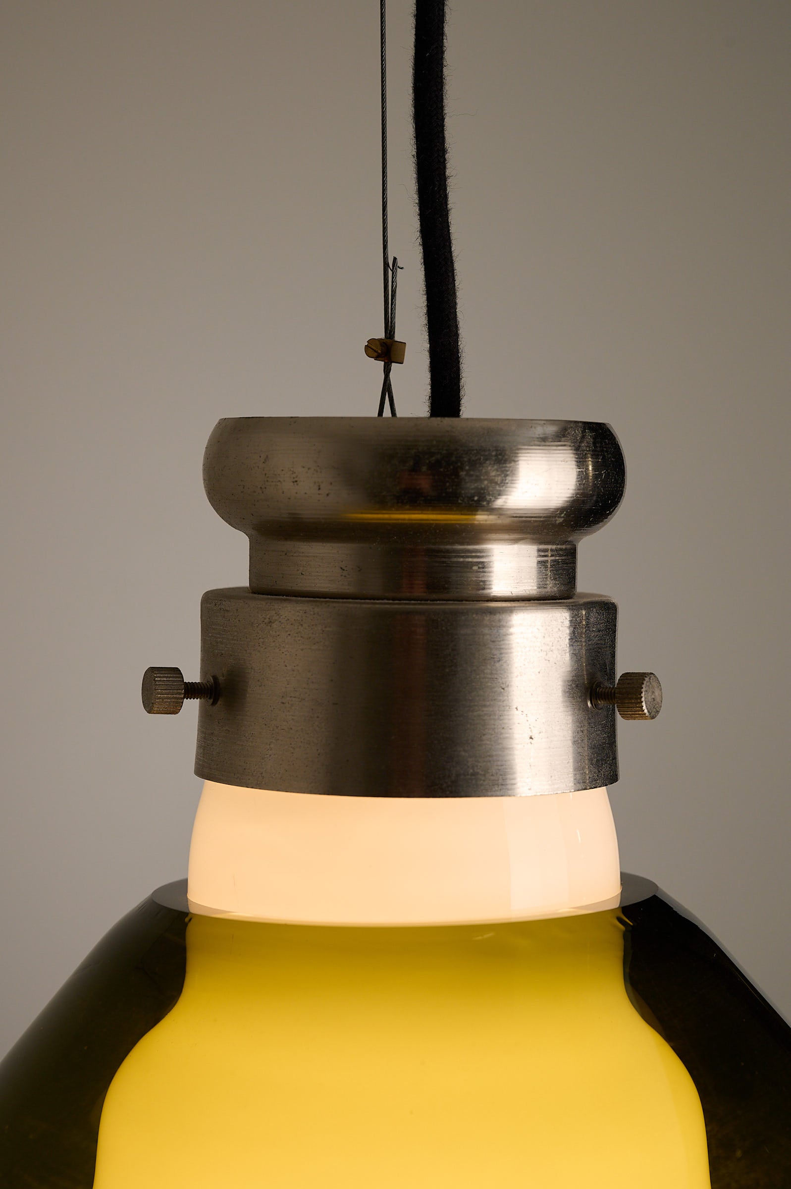 Space Age Blown Glass Pendant Lamp by Vistosi, Italy, 1970s with brushed aluminum and milk white core.