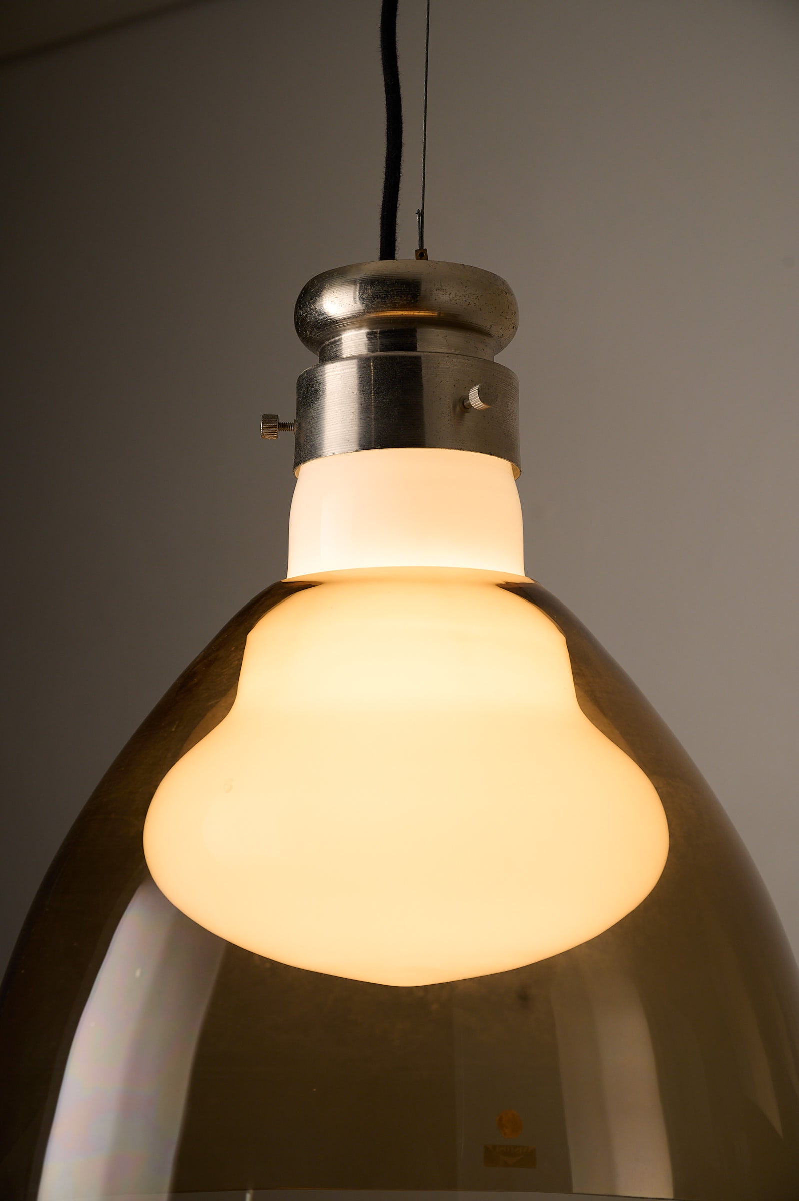 Space Age Blown Glass Pendant Lamp by Vistosi, Italy, 1970s with aluminum collar and opaline glass core.