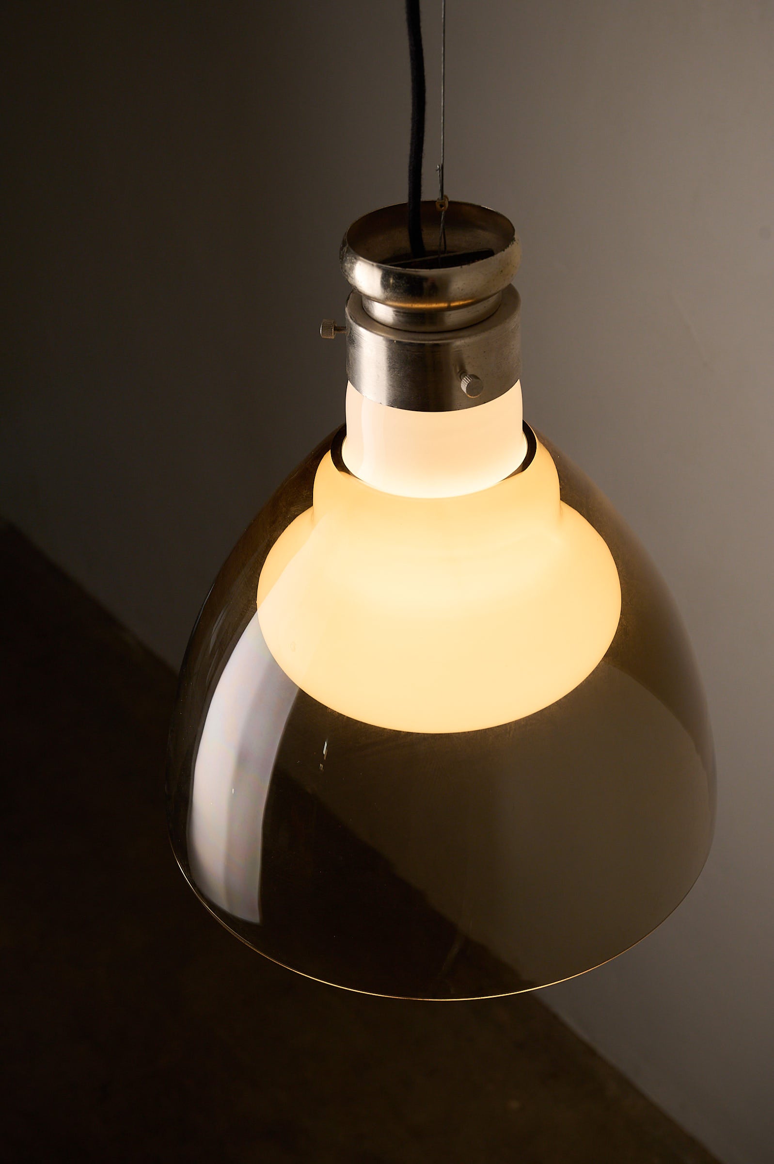 Space Age Blown Glass Pendant Lamp by Vistosi, Italy, 1970s showcasing brown glass and opaline core.