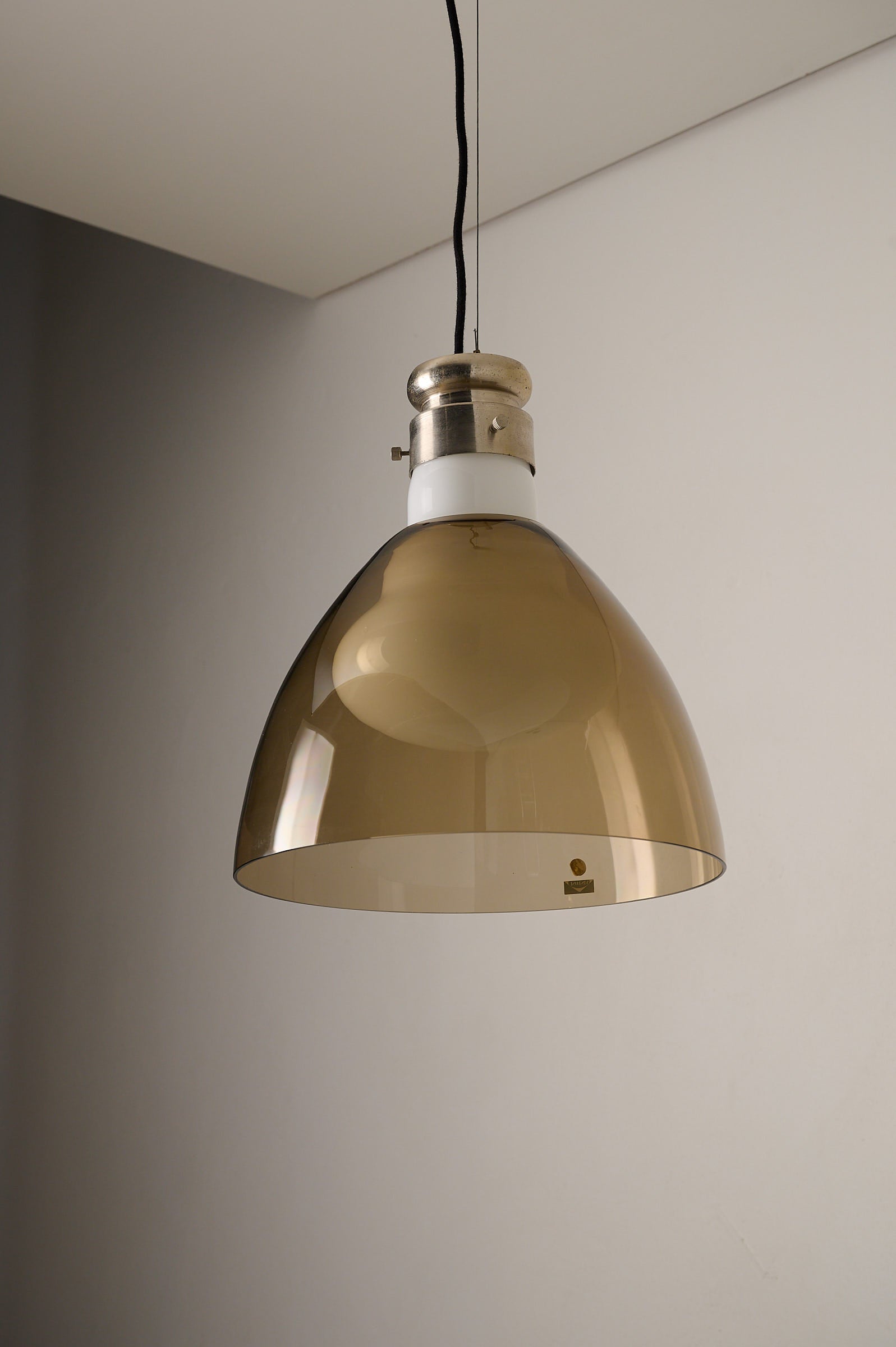 Space Age Blown Glass Pendant Lamp by Vistosi, Italy, 1970s with smoky brown glass shade and brushed aluminum detail.