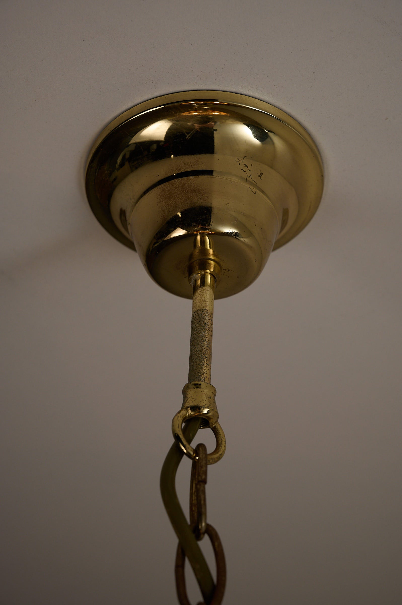 Textured Yellow Glass Panel Chandelier, Europe, 1970s fixture mounting detail from ceiling