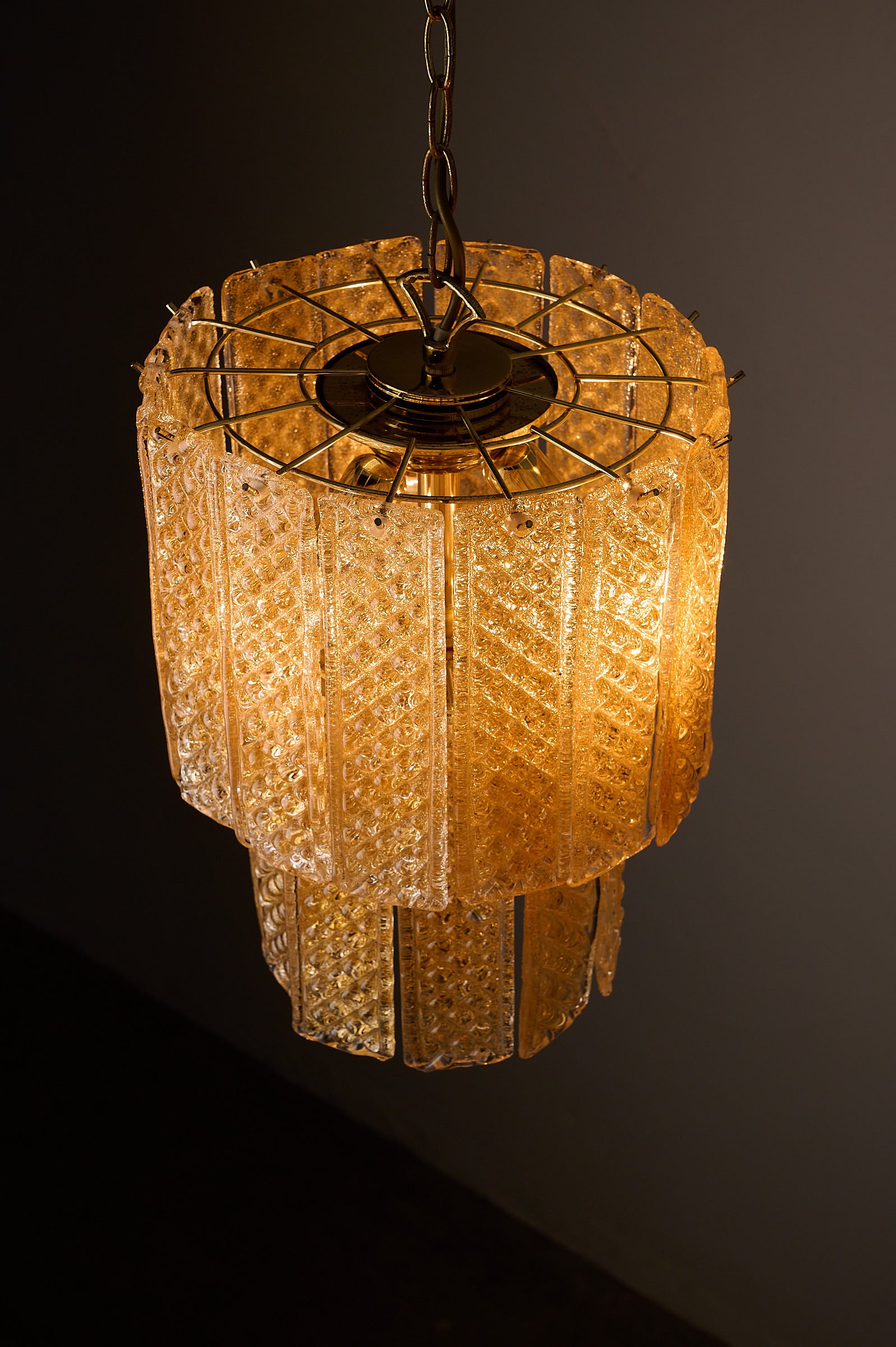 Textured Yellow Glass Panel Chandelier, Europe, 1970s showcasing geometric glass panels in straw-yellow hue.