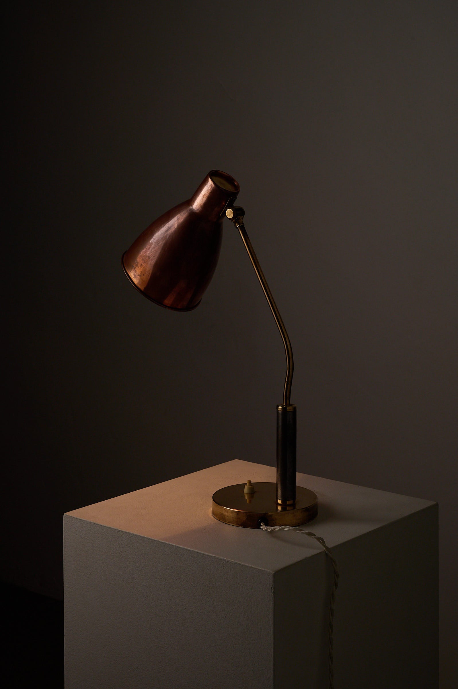 Mid-Century Modern Copper & Brass Desk Lamp, Europe, 1950s on a pedestal with an adjustable shade.