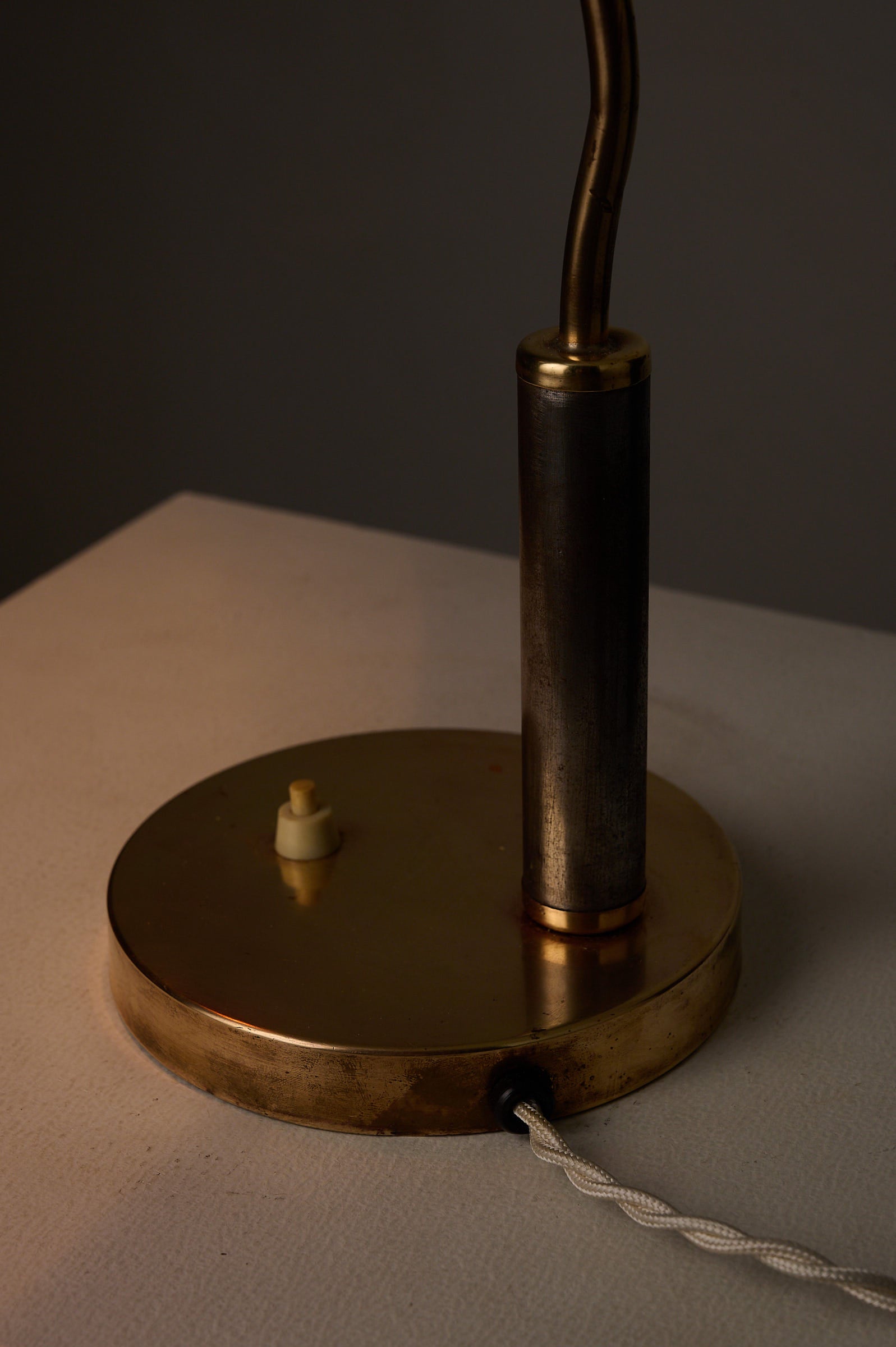 Mid-Century Modern Copper & Brass Desk Lamp, Europe, 1950s with elegant brass base and adjustable shade.