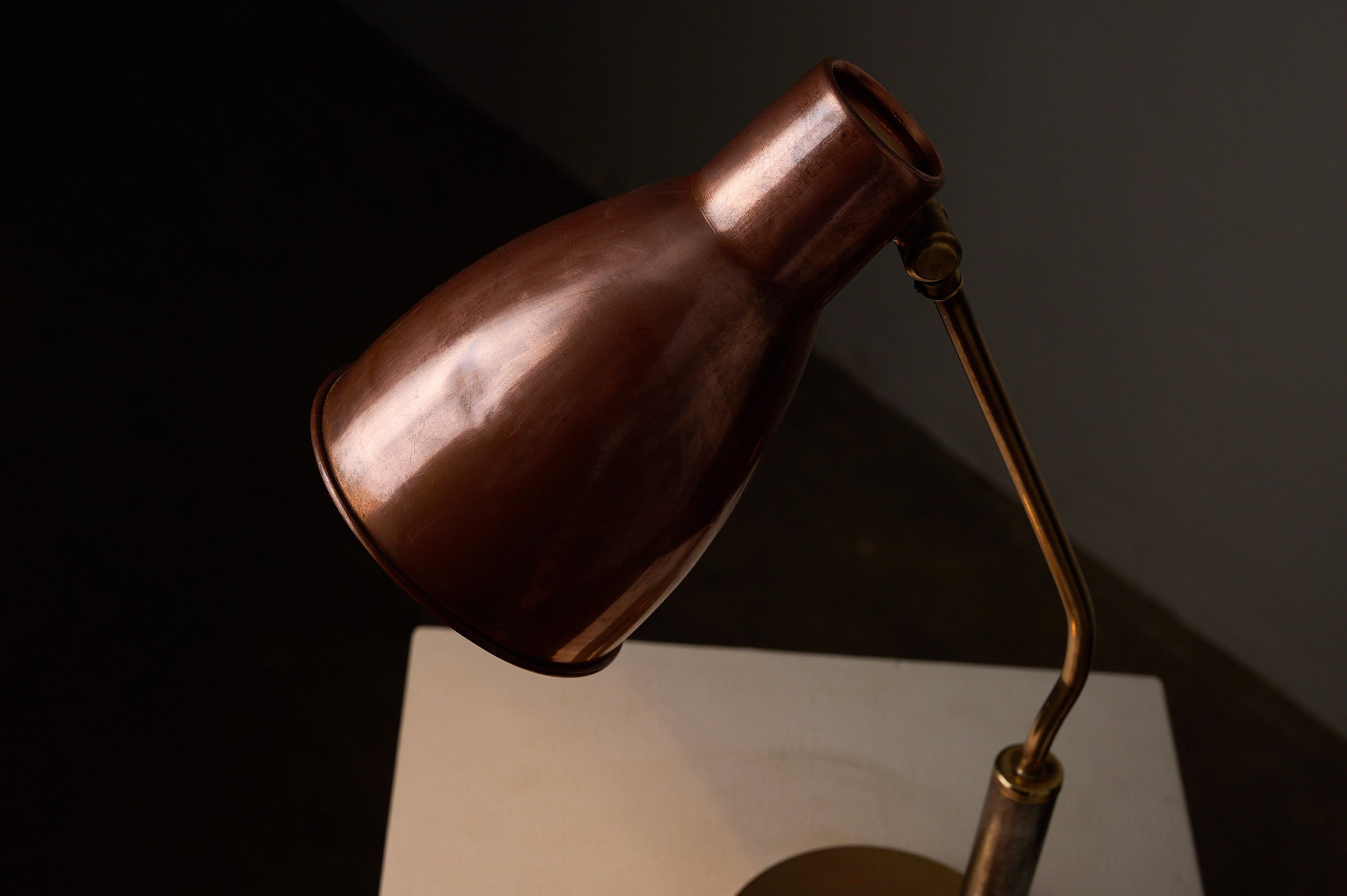 Mid-Century Modern Copper & Brass Desk Lamp, Europe, 1950s with adjustable copper shade and brass arm.
