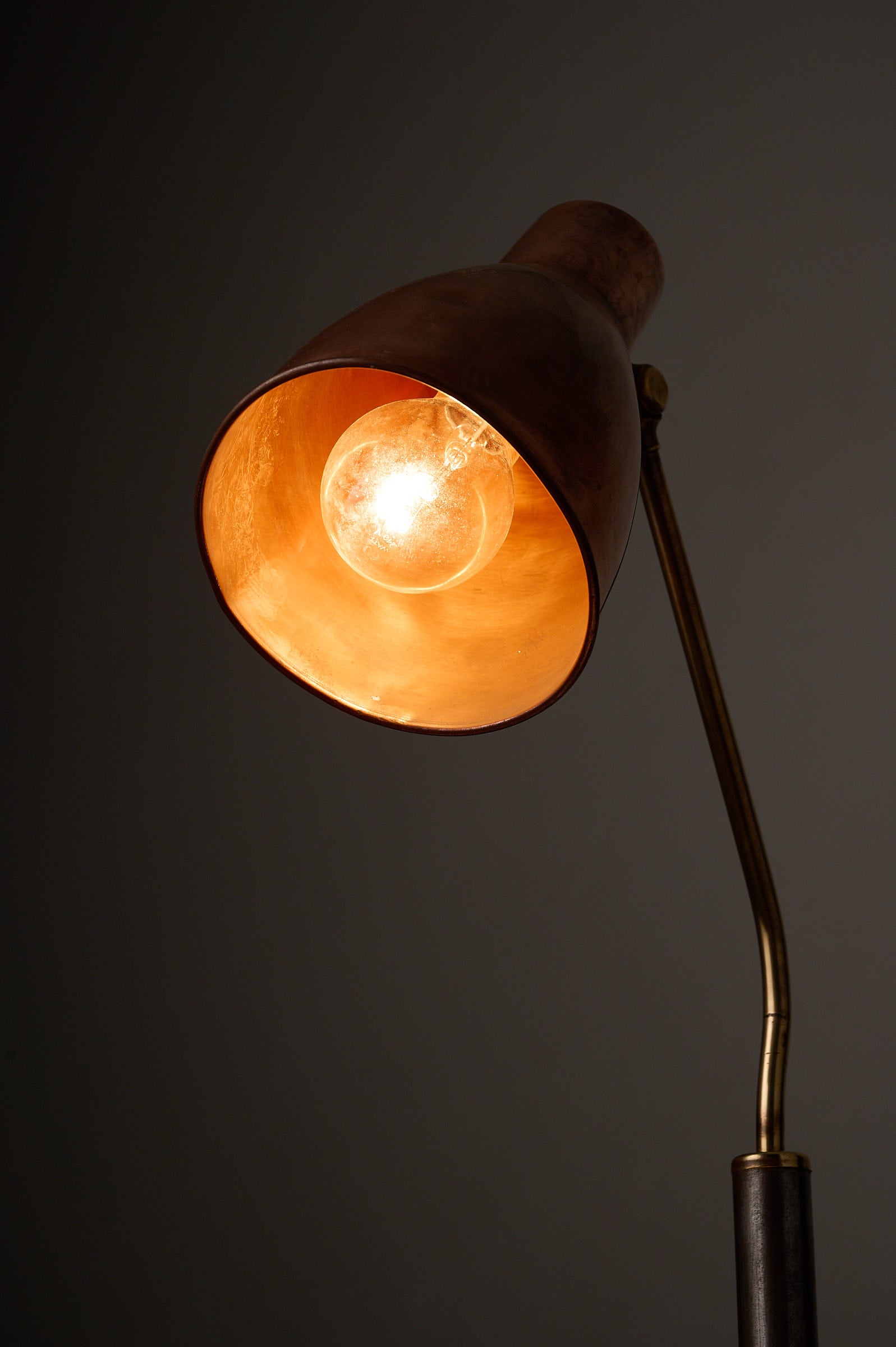 Mid-Century Modern Copper & Brass Desk Lamp, Europe, 1950s with adjustable copper shade and brass arm.