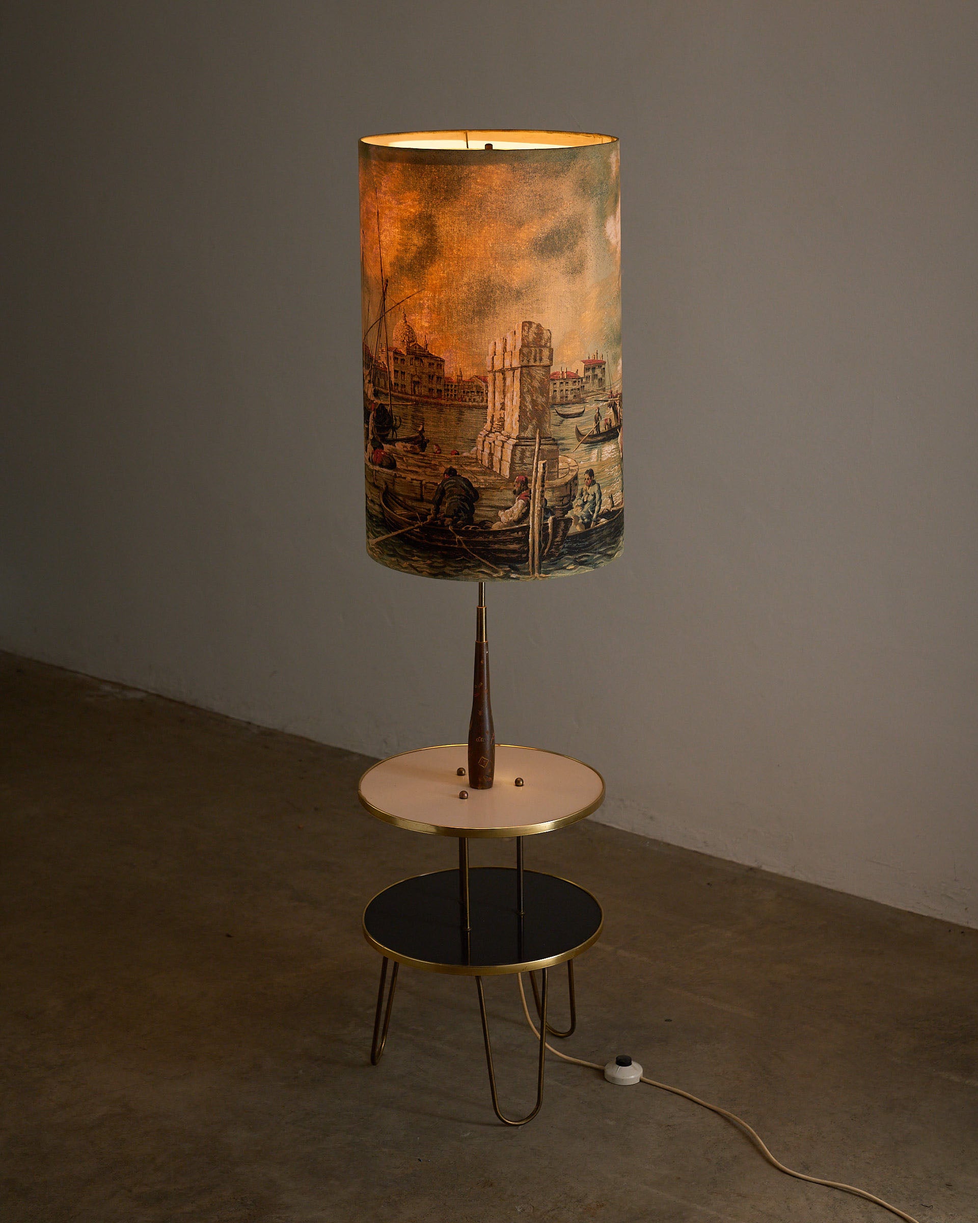 Brass Hairpin Table Floor Lamp with Venetian Shade featuring multi-tier side table from the 1950s.