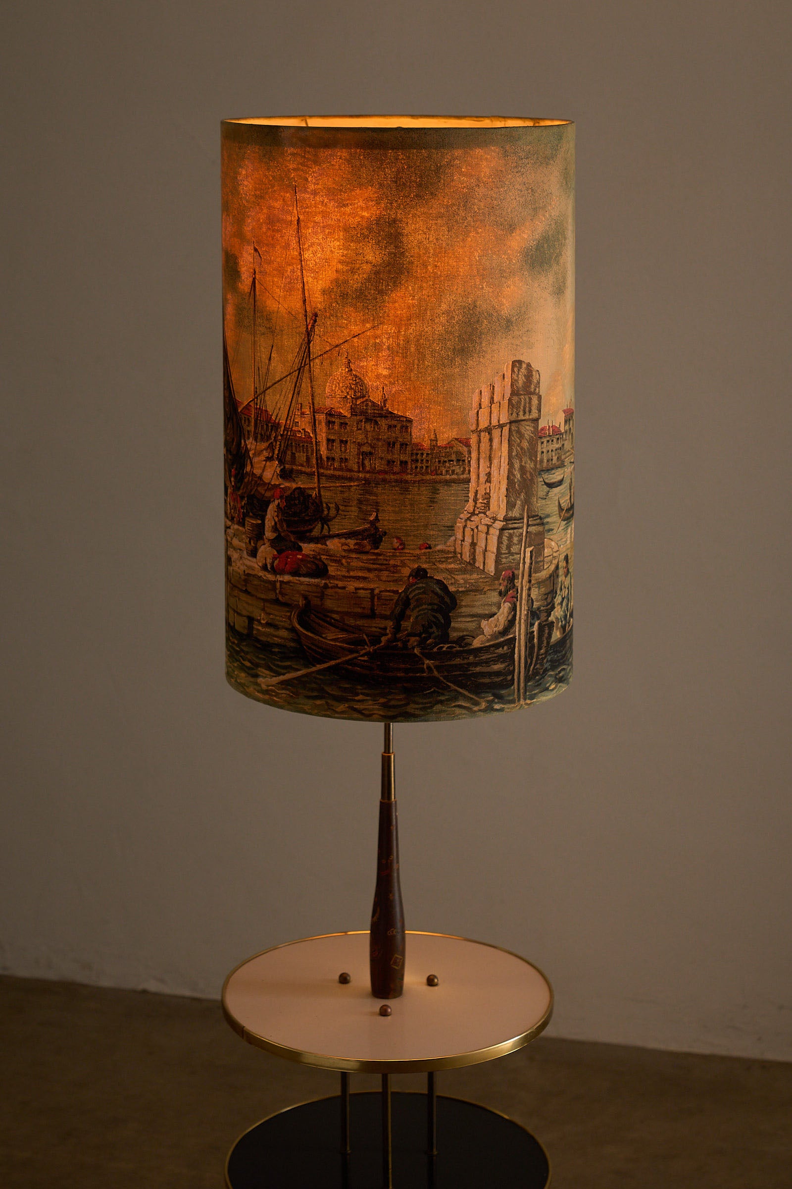 Brass Hairpin Table Floor Lamp with Venetian Shade showcasing vintage boat scene on the shade and elegant brass details.