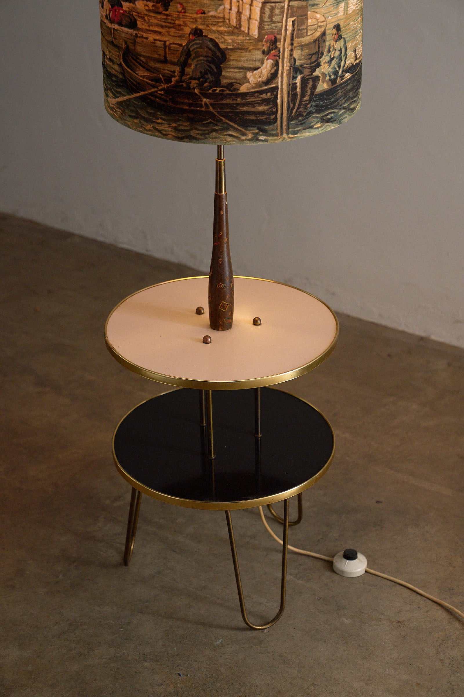 Brass Hairpin Table Floor Lamp with Venetian Shade featuring multi-tier table and elegant brass legs.
