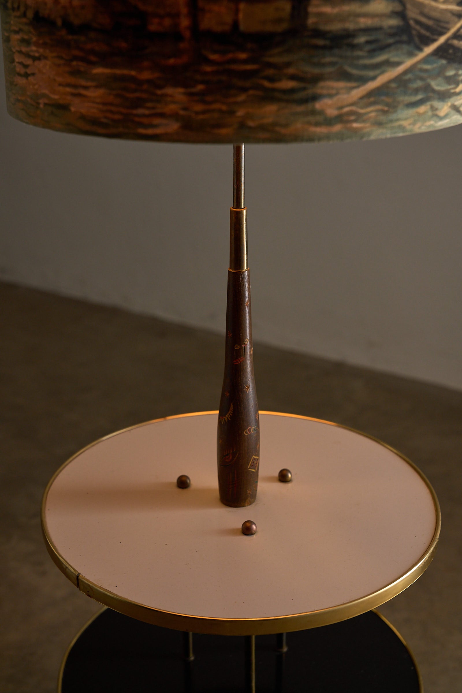Brass Hairpin Table Floor Lamp with Venetian Shade featuring multi-tiered side table and decorative wood stem.