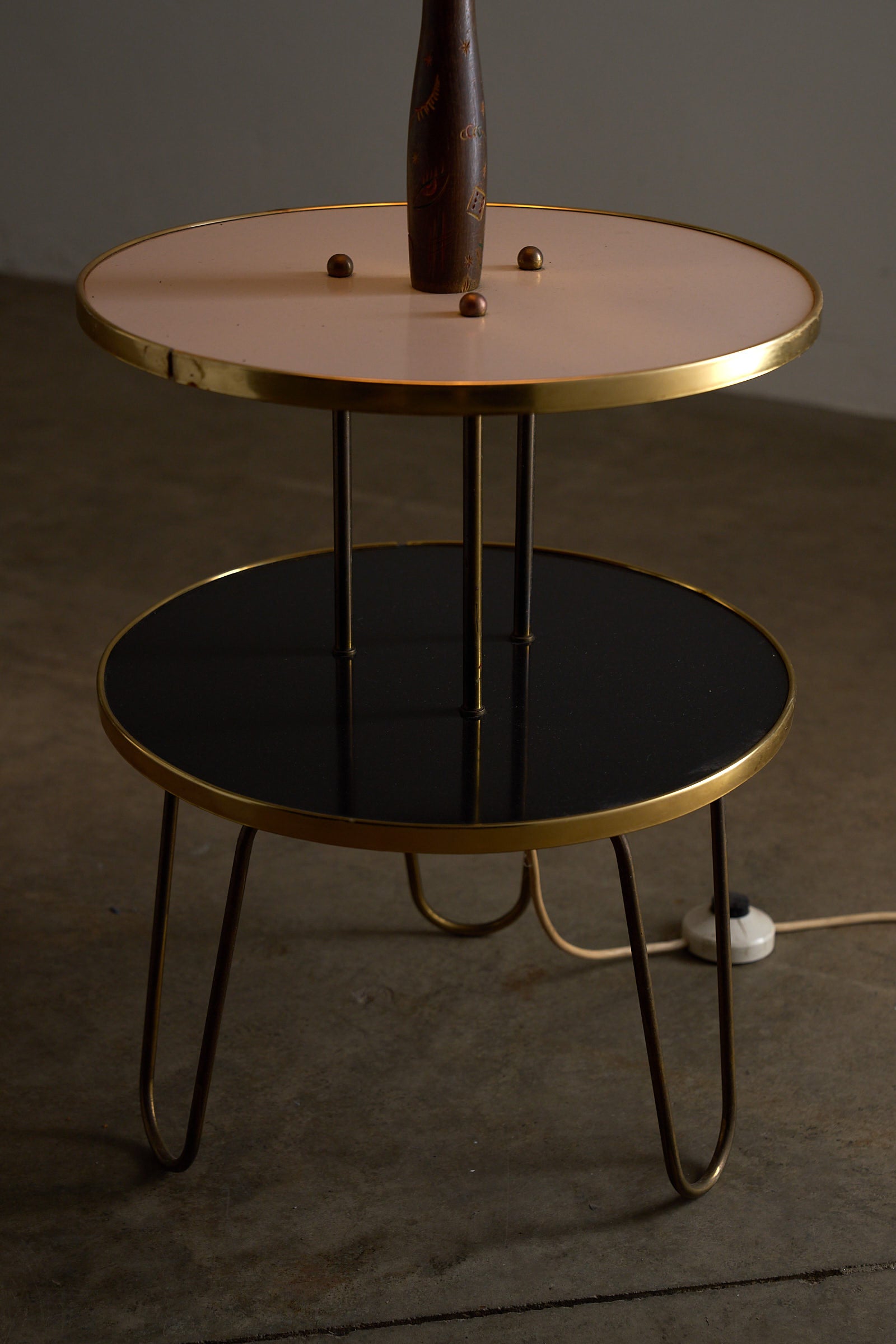 Brass Hairpin Table Floor Lamp with Venetian Shade showcasing a two-tiered side table with brass hairpin legs.