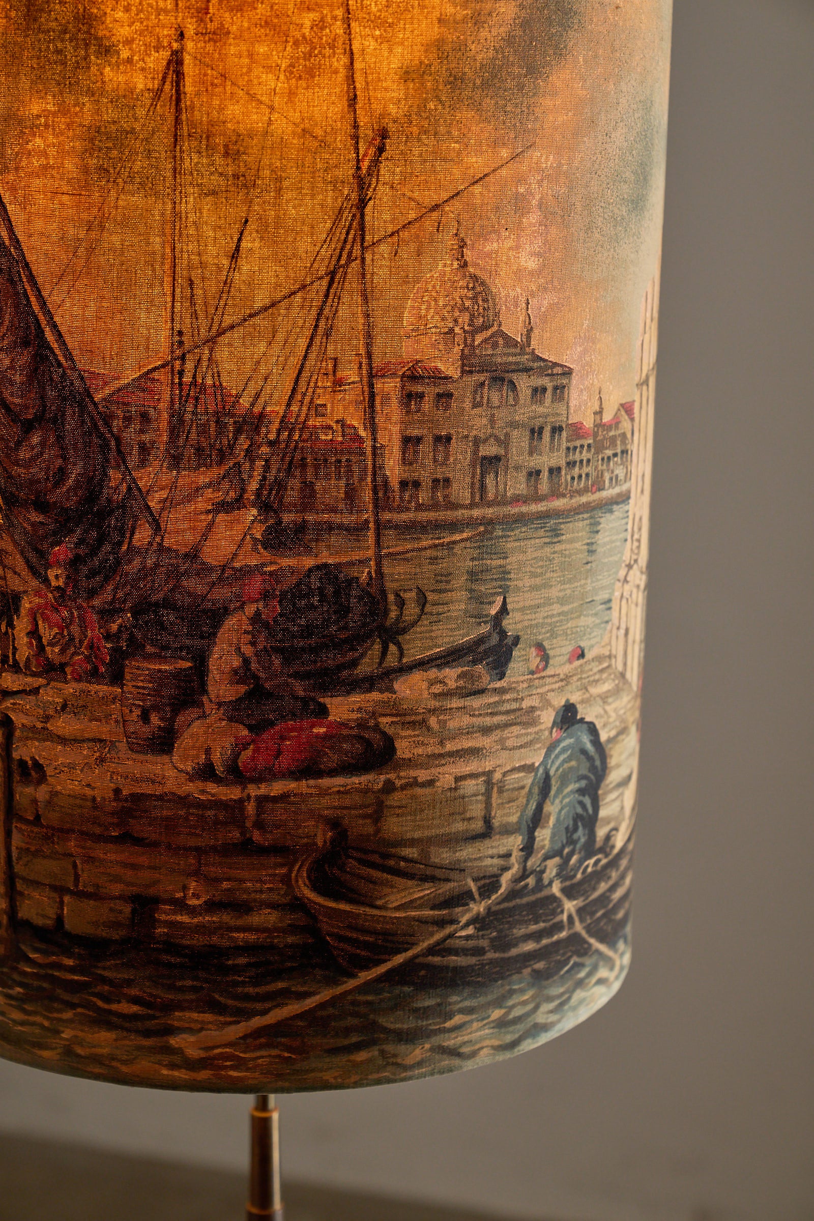 Brass Hairpin Table Floor Lamp with Venetian Shade featuring vintage hand-painted Venetian scene.