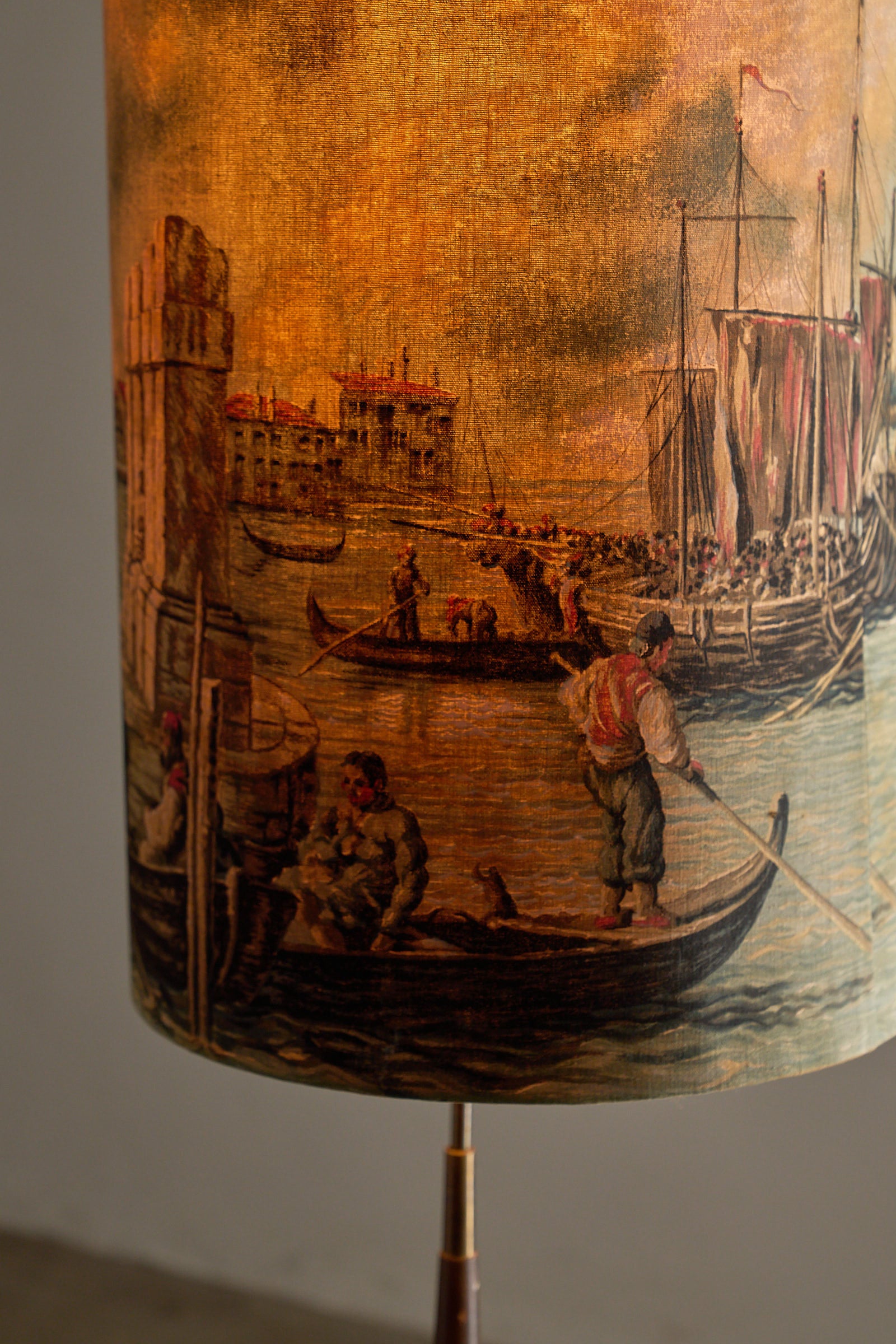 Brass Hairpin Table Floor Lamp with Venetian Shade featuring detailed vintage boating scene on fabric.