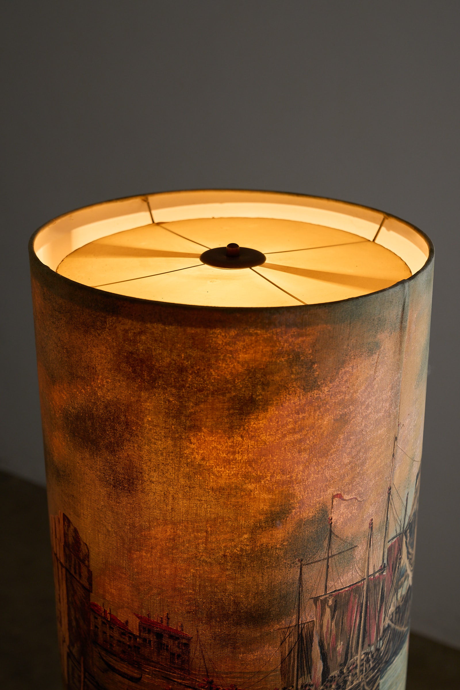Brass Hairpin Table Floor Lamp with Venetian Shade featuring a beautifully painted lampshade.