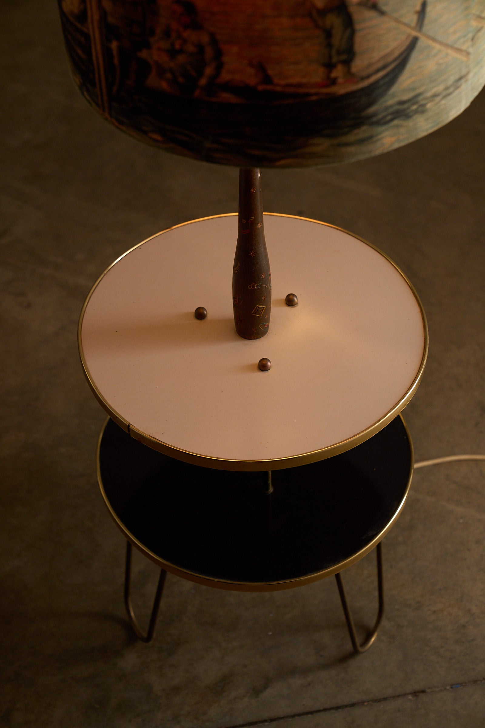 Brass Hairpin Table Floor Lamp with Venetian Shade featuring a two-tier side table and hand-painted stem.
