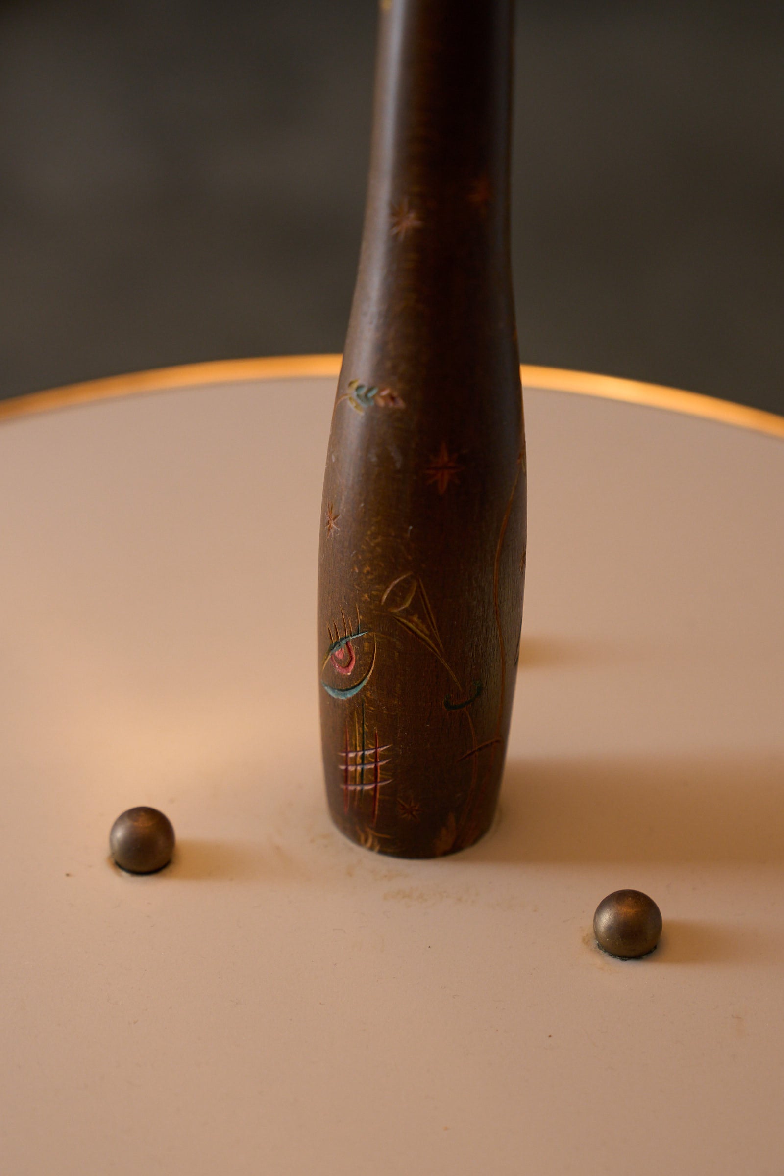 Brass Hairpin Table Floor Lamp with Venetian Shade showcasing the hand-painted wood stem and decorative elements.