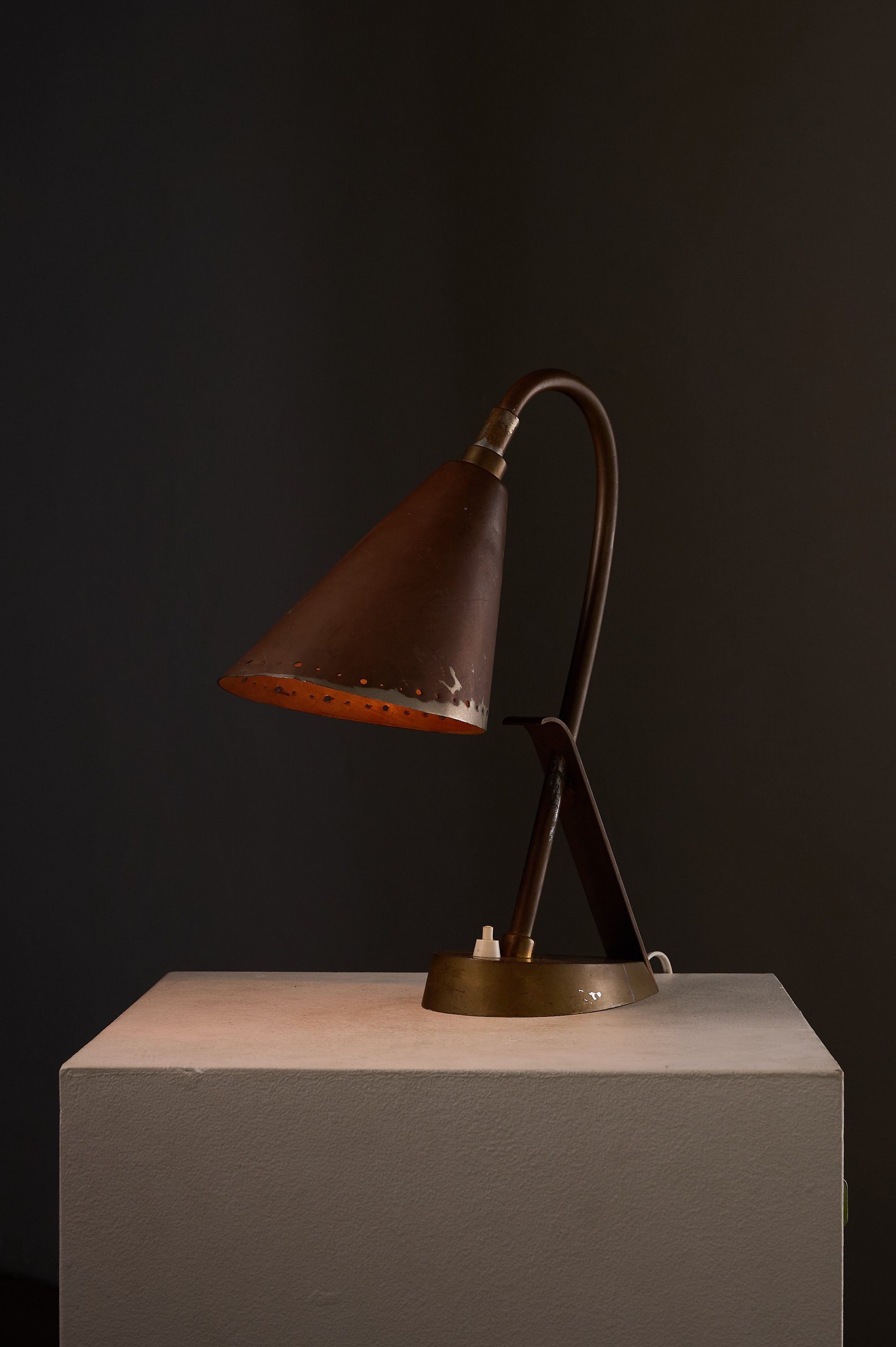 Copper & Brass Table Lamp, France on display featuring a perforated copper shade and brass swivel joint.